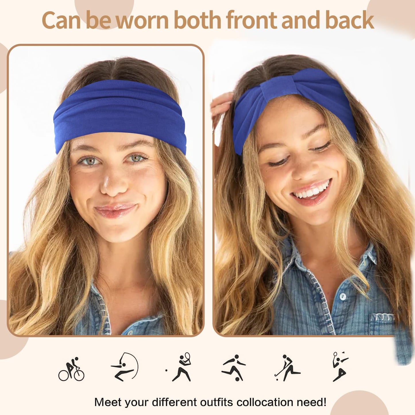 KU Wide Headbands for Women Non Slip 6 Pack Soft Elastic Hair Bands Sports Yoga Running Gym Workout Knotted Head Wraps, Cotton Cloth African Turbans Solid Color-With 6 Pcs Hair Ties