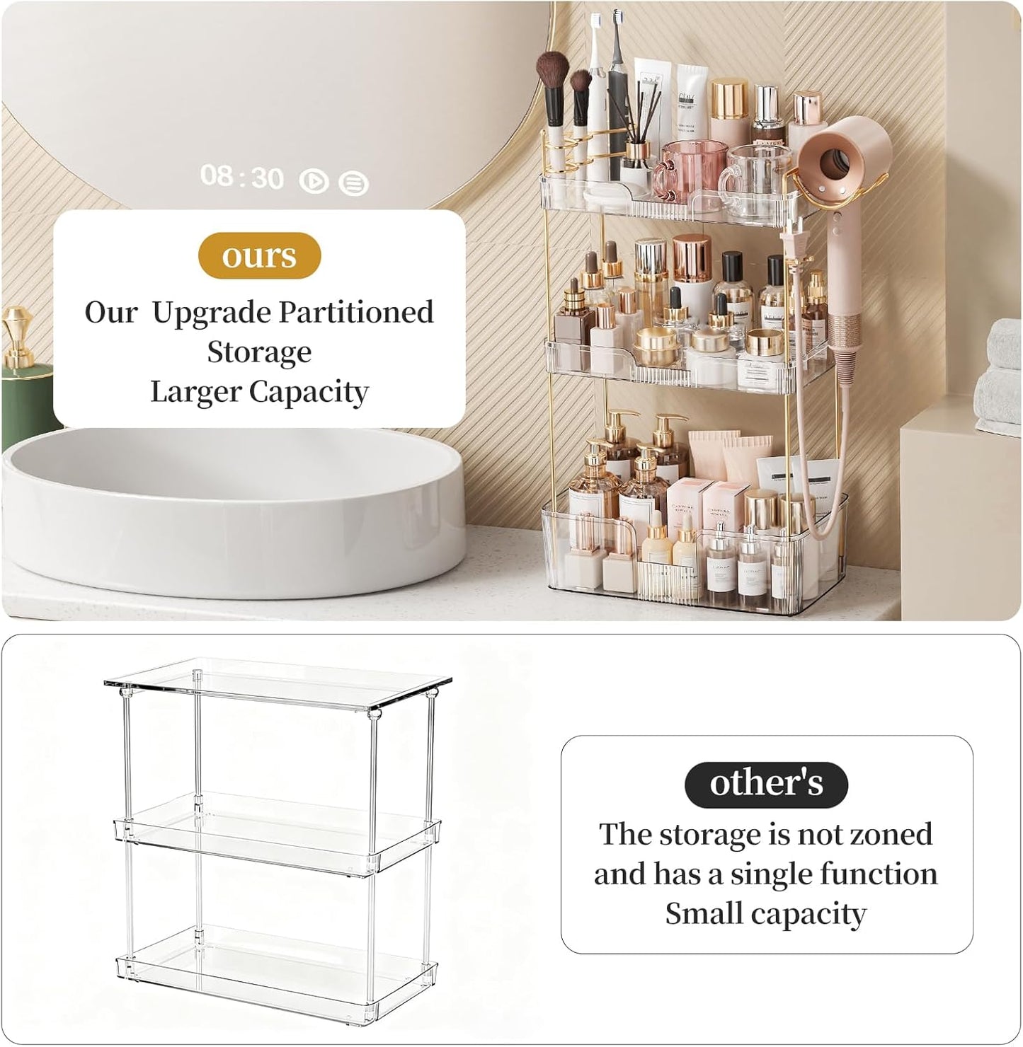 Bathroom Counter Organizer - Large Capacity Makeup & Skincare Storage Rack | 3-Tier Clear Vanity Holder