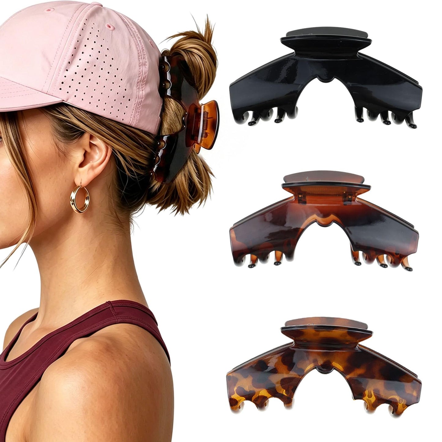 3 Pcs Large Trucker Hair Claw Clip for Hat, Baseball Claw Clips for Women, Acetate Tortoise Shell Non-Slip Strong Hold Hat Hair Clips, Claw Clips for Thick Hair Hat Hairstyles, Gifts Hair Accessories