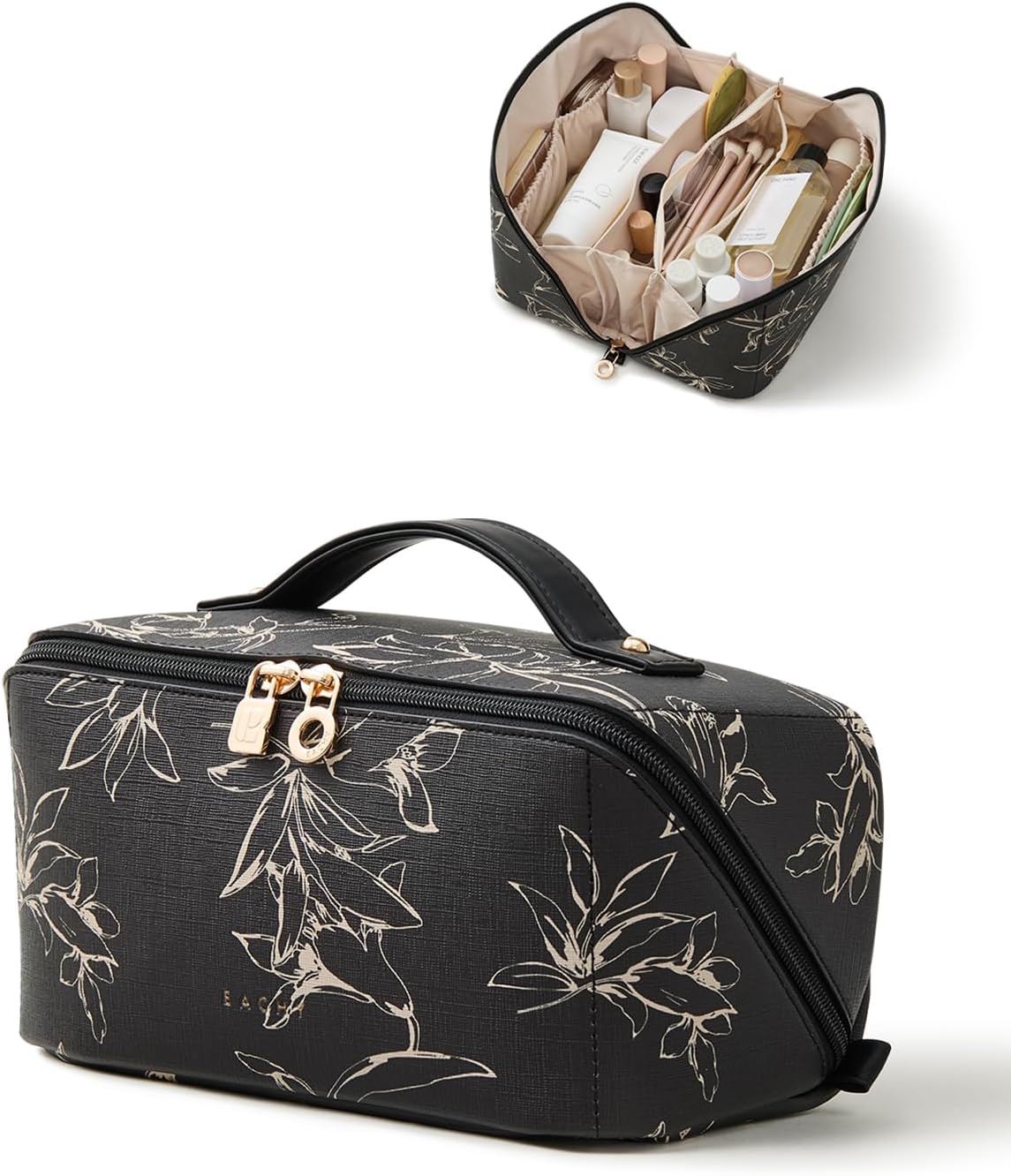 Travel Makeup Bag - Large Capacity Waterproof Cosmetic Pouch | Open Flat Design (Brown)