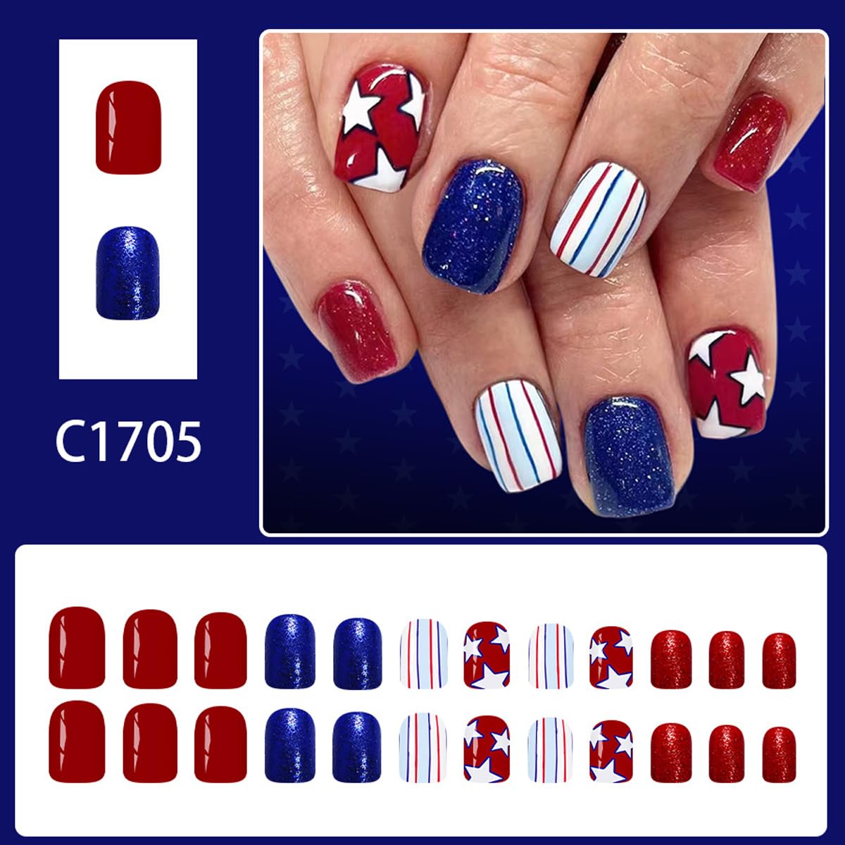 Patriotic 4th of July Press on Nails Short Square Fake Nails Red Blue Nails Press ons with Star & Stripe Design,Reusable Artificial Nails,24Pcs Nail Kit for Women Independence Day Manicure