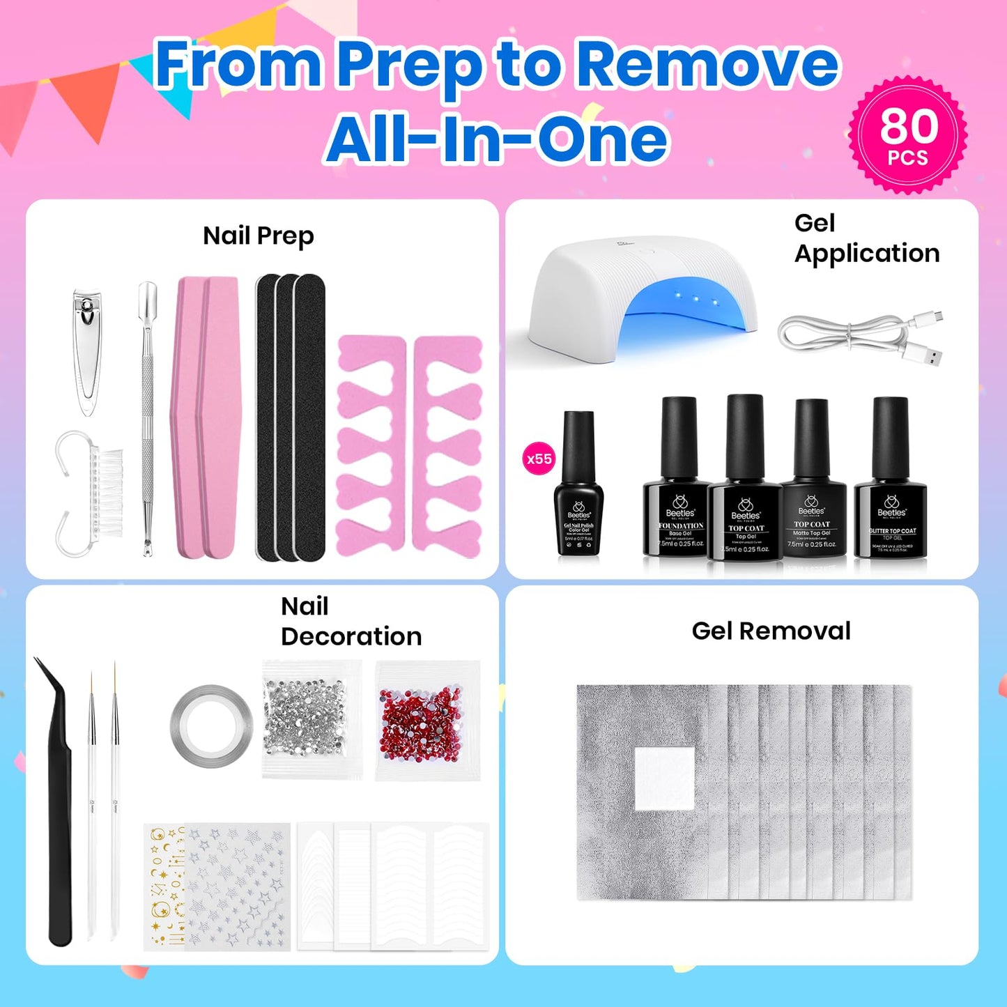 Beetles Gel Nail Polish Kit with U V Light - 80Pcs Color Enchantment 55 Colors Gel Nail Kit with Everything Base Top Coat Beginner Starter at Home Nails Kit Manicure DIY Salon Tools Gifts for Women