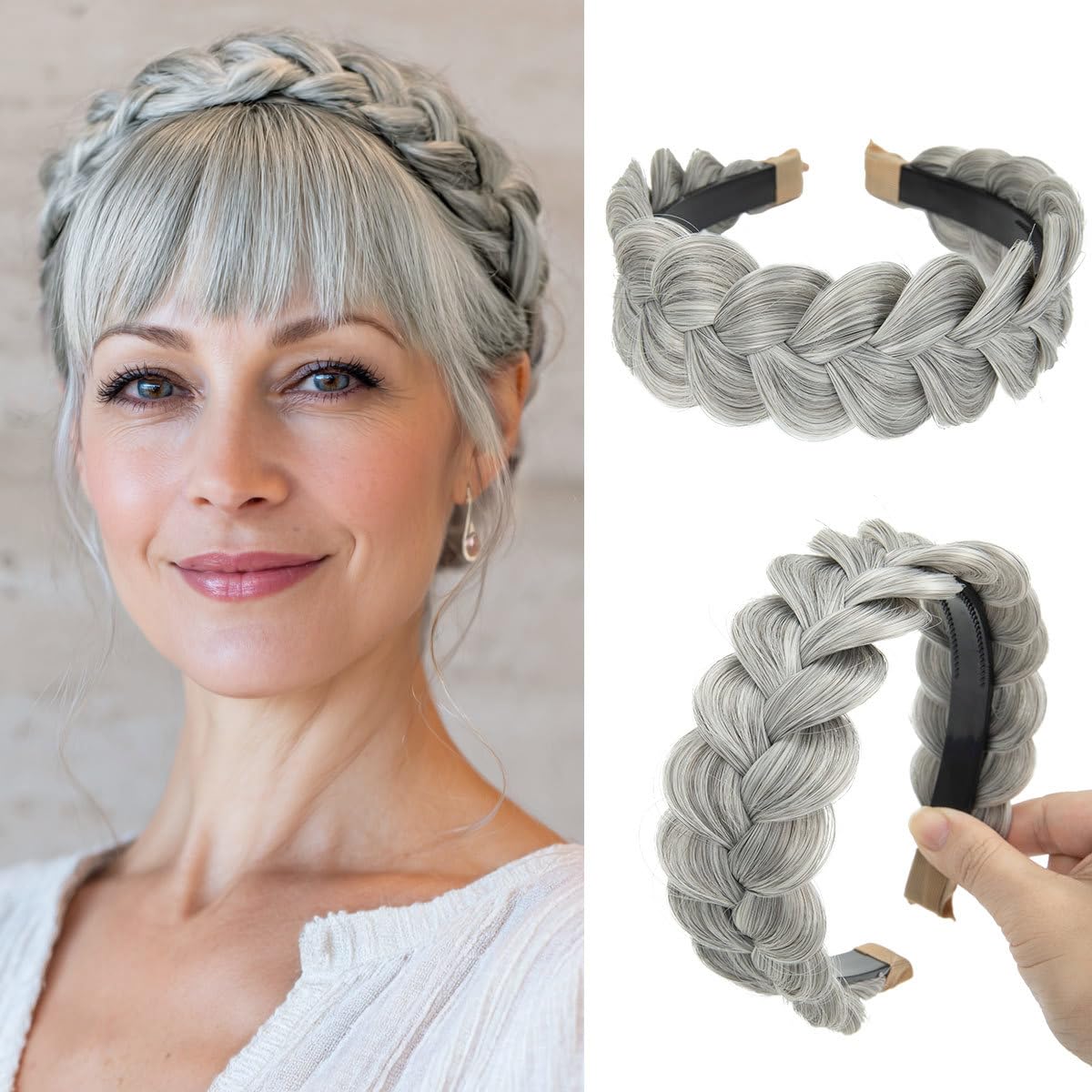 Braided Headbands for Women - Handmade Synthetic Hair Hoops with Teeth | Sand Color, 1PC