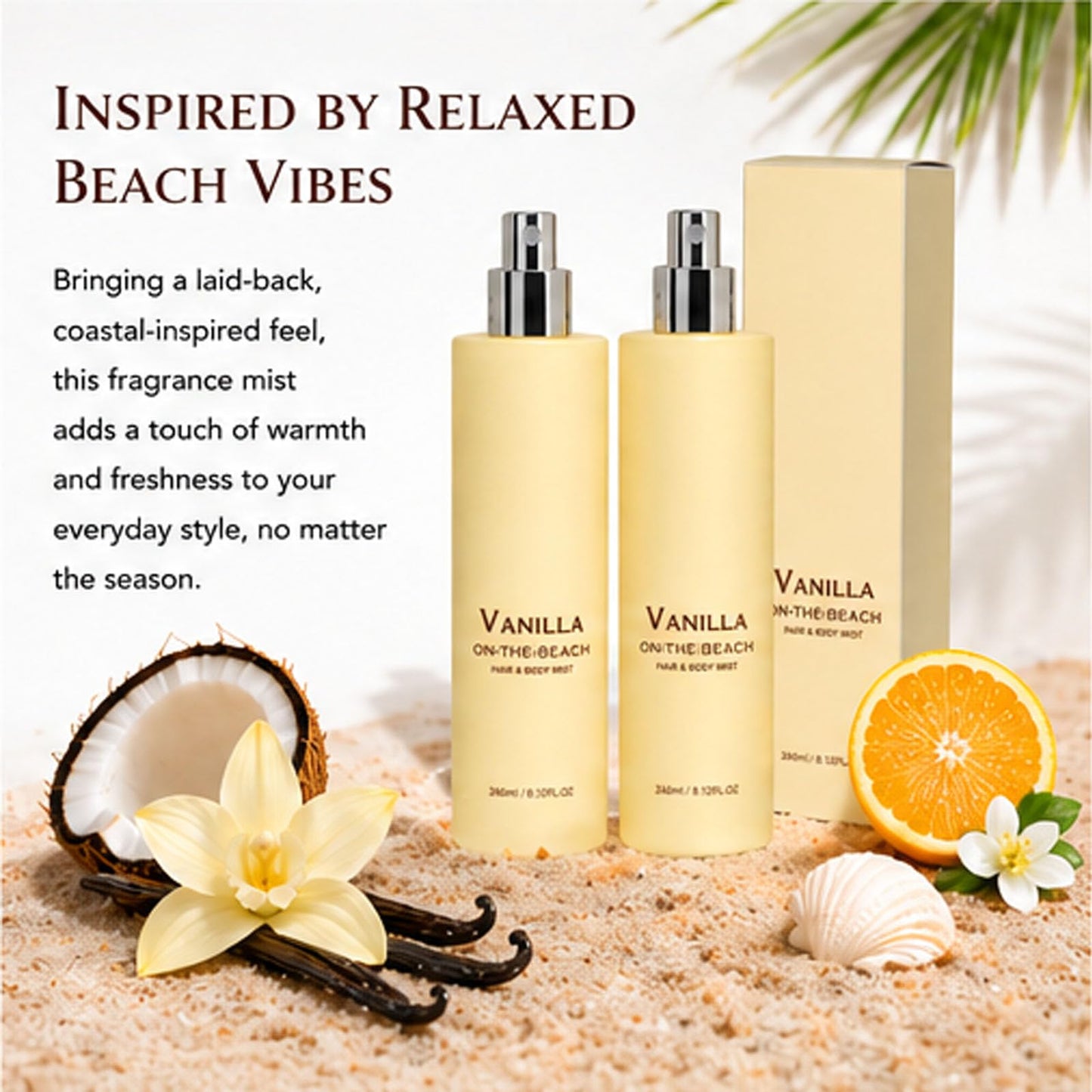 Vanilla on the Beach Hair and Body Mist, Warm Vanilla Coconut Fragrance Spray, Natural Vanillas & Beachscent, Long-Lasting Fresh Fragran (1Pcs)