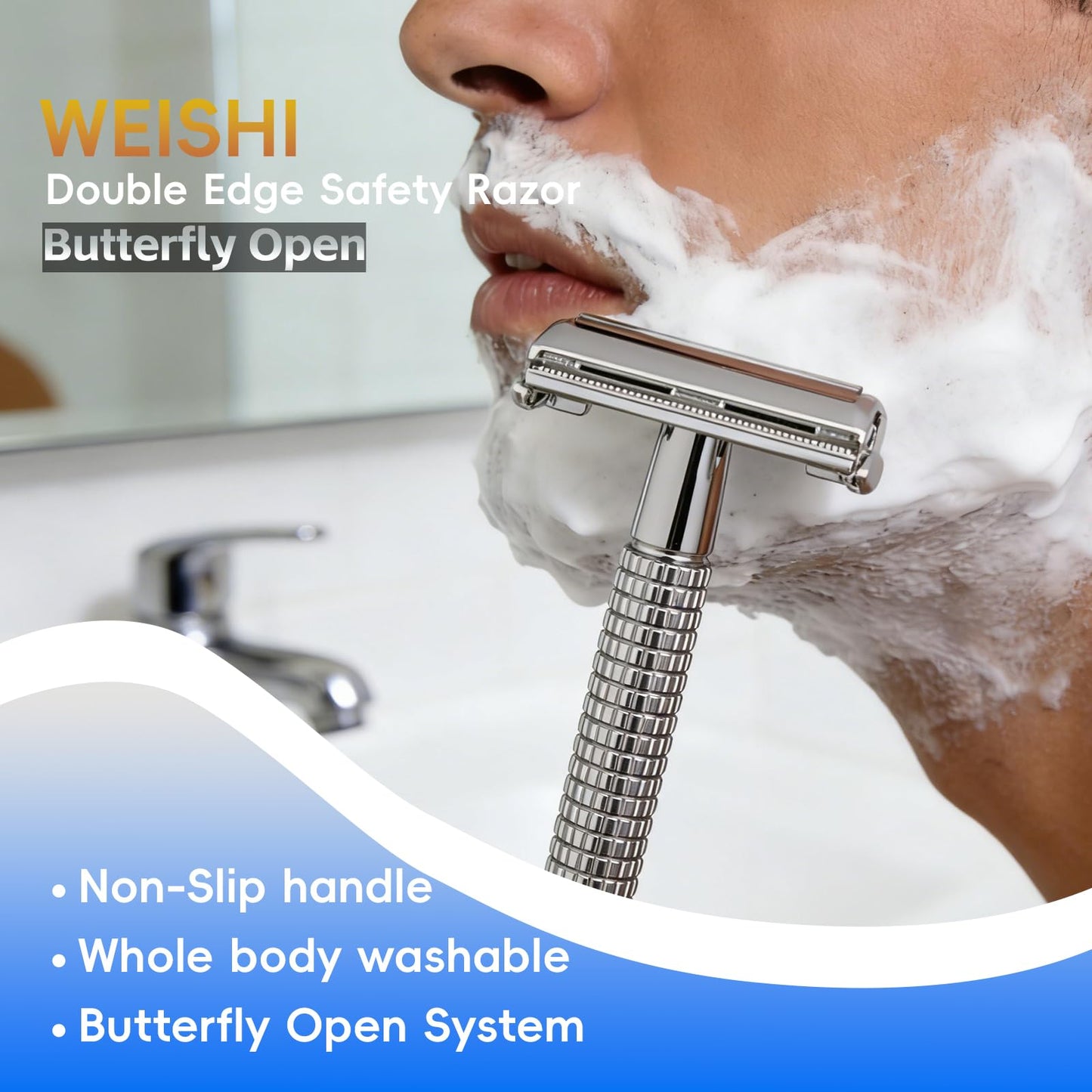 WEISHI Butterfly Open Double Edge Safety Razor for Men, Chrome Short Handle with 5 Stainless Razor Blades Included, Reusable Wet Shave Tool for Smooth, Close Shave