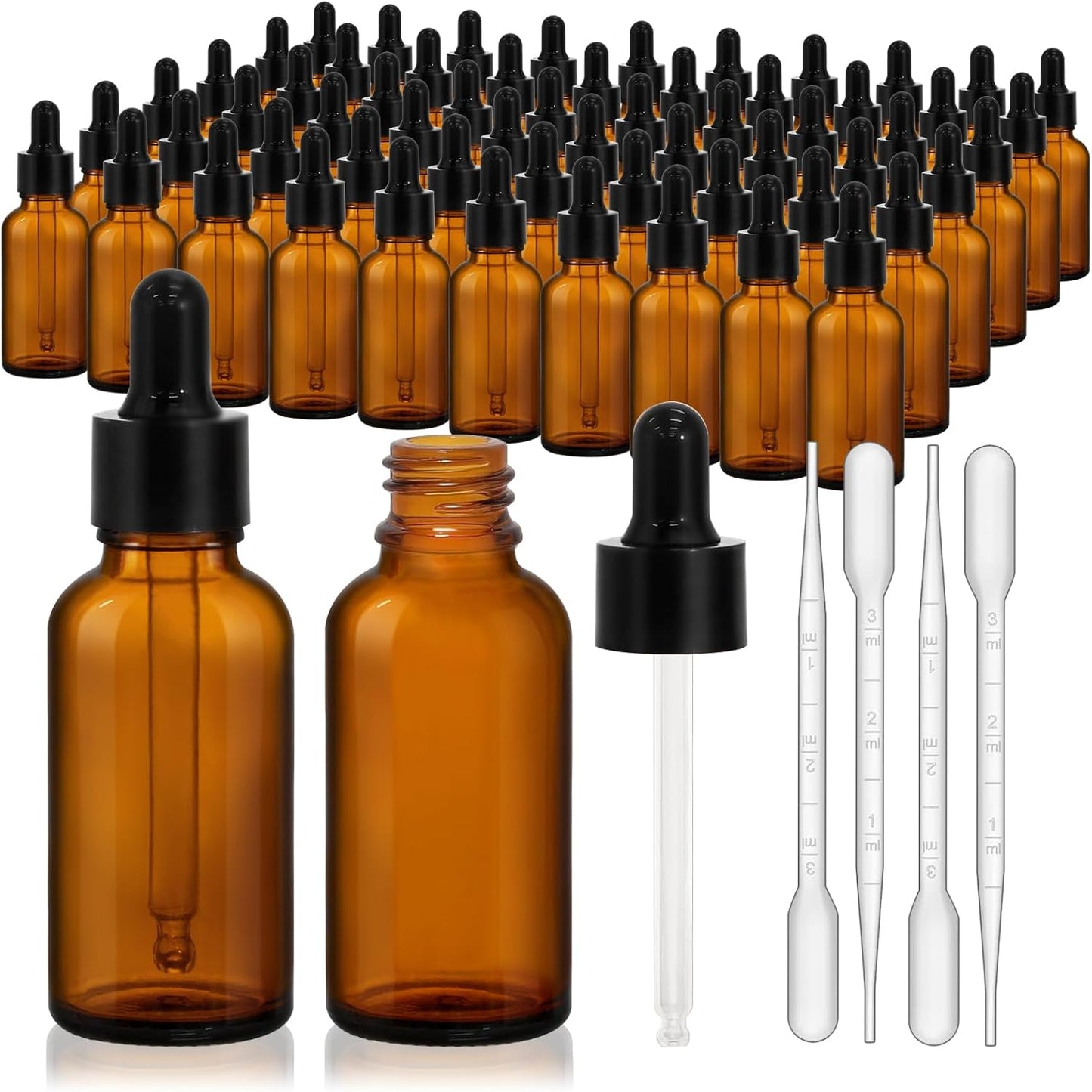 60 Pack 1oz Eye Dropper Bottles - Leakproof Amber Glass for Essential Oils & Tinctures | 30ml Travel Size