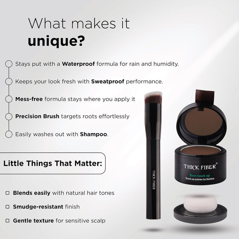 THICK FIBER Root Touch Up Powder - Water & Sweat Resistant Hair Loss Concealer Set for Thinning Hair Women, Includes Brush (Dark Brown)