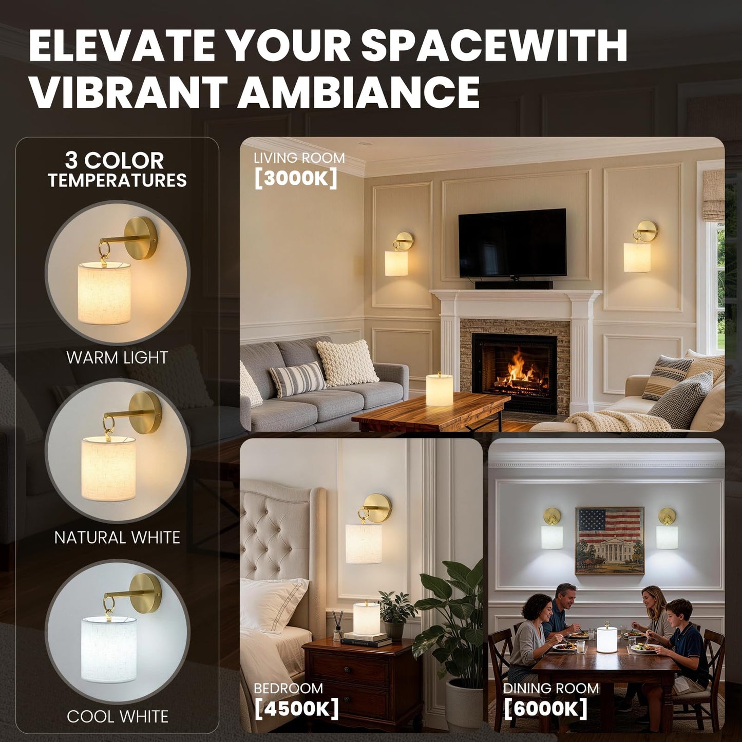 Detachable Wall Sconces Battery Operated With Hanging Hook,10000mah Battery Operated Wireless Wall Sconces Set of Two,12 RGB Gold Sconce With Remote,Renter Friendly Wall Lamps for Living Room,Bedroom