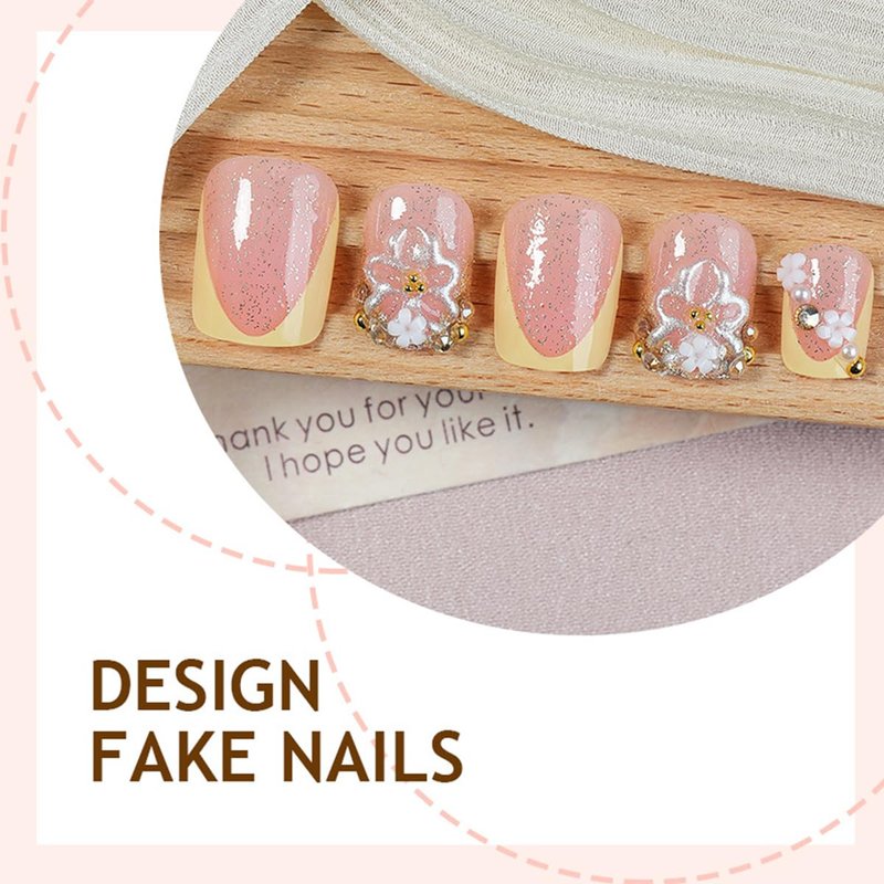 3D Flower Press On Nails - Short Square French Tip Fake Nails | Nude Pink Glitter with Gold Pearl & Rhinestone Design
