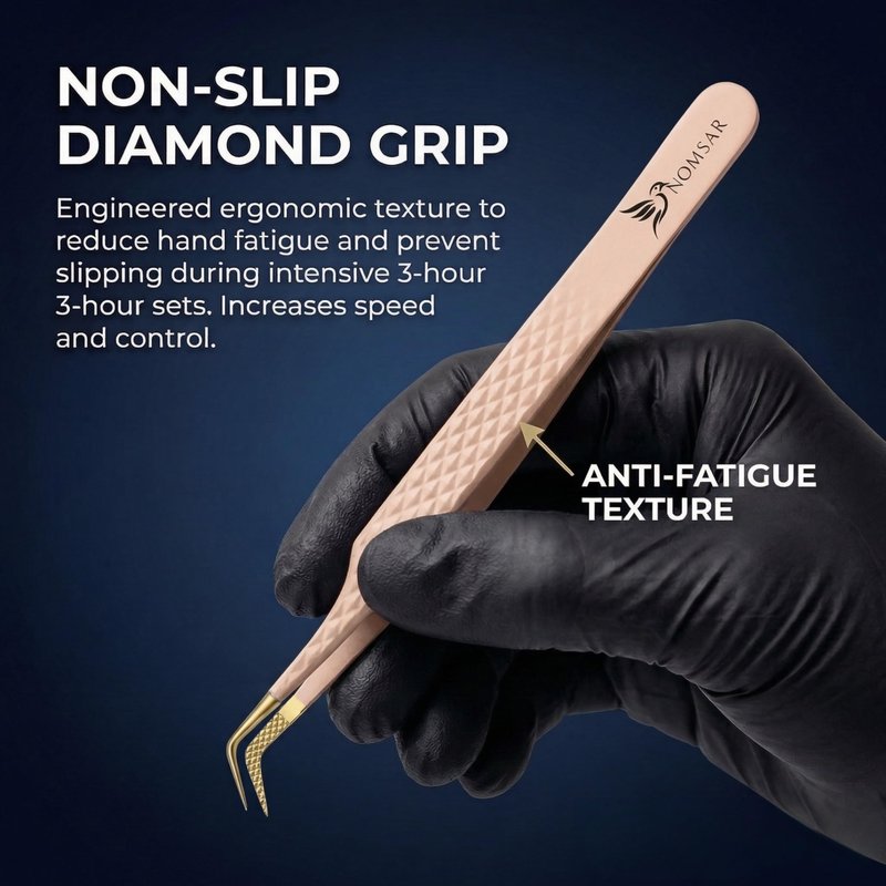 NOMSAR Professional Lash Extension Tweezers Set – Fiber Tip lash Tweezers with Diamond Grip | Stainless Steel Eyelash Extension Tweezers for Volume & Isolation | Lash Tweezers for Lash Artists (Peach)