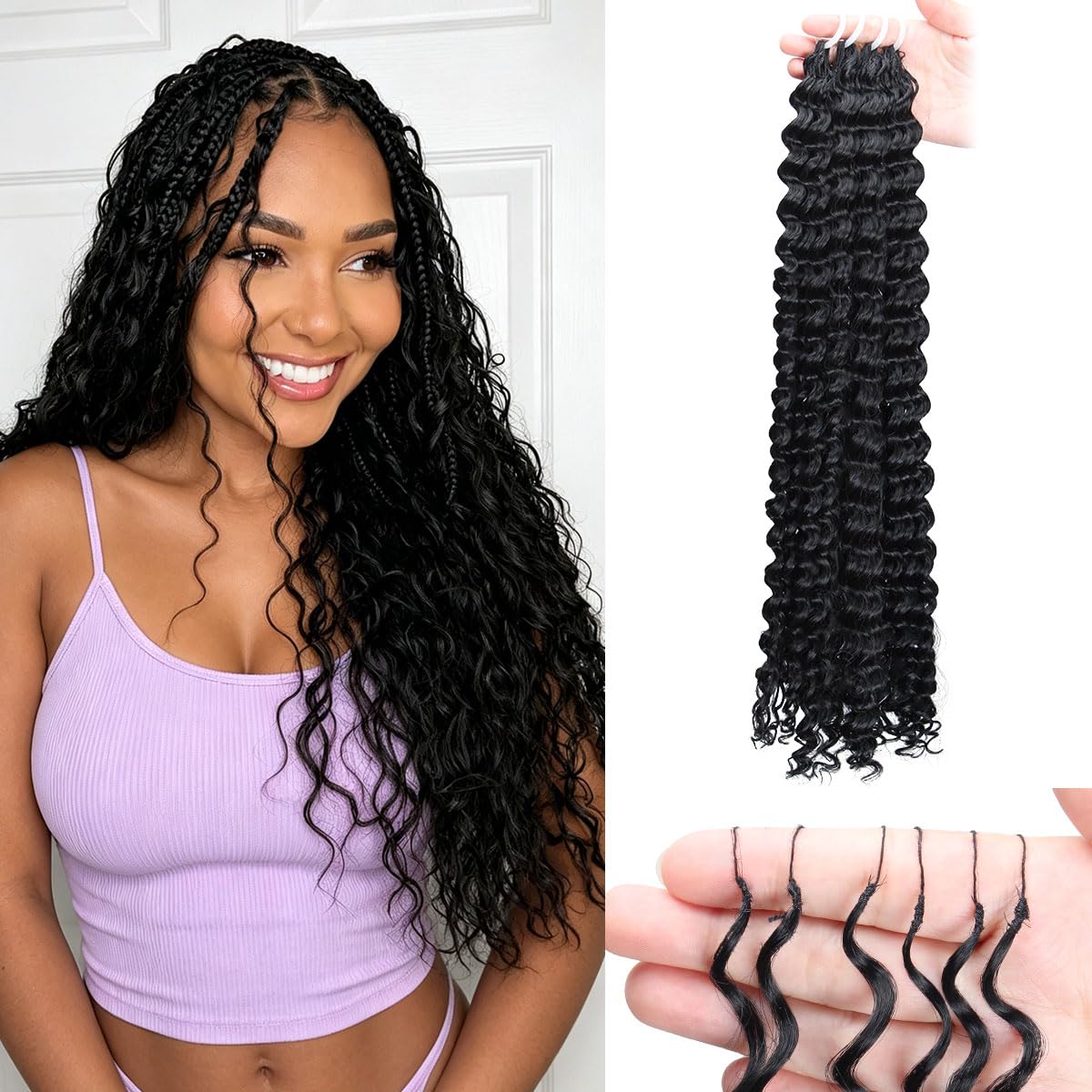 Miracle Knots Crochet Hair - 18 Inch Deep Wave Feather Bundles | Pre-Separated Curly Hair for Women (Natural Black)