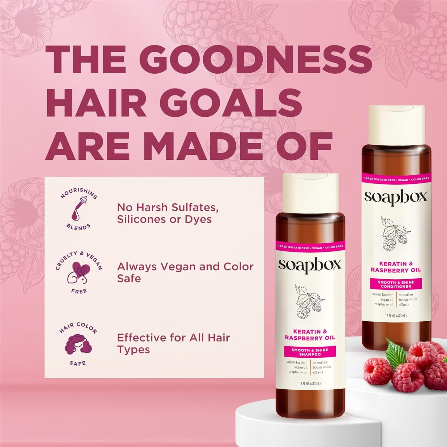 Keratin & Raspberry Seed Oil Shampoo & Conditioner Set - Shiny, Smooth Hair | 16 oz Each, Clean Ingredients