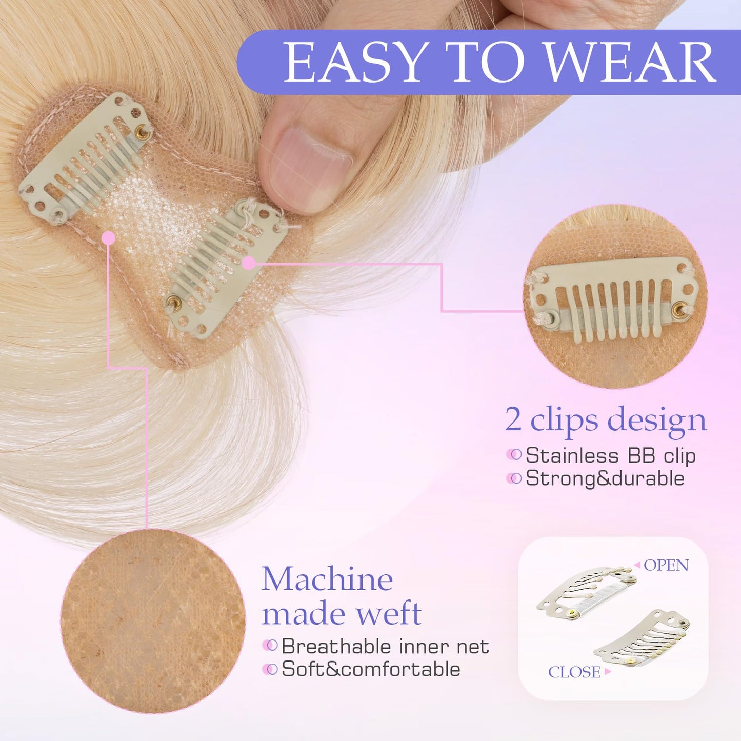 Hairro Clip In Bangs Real Human Hair Wispy Thin Fake Bangs Hair Clip 3D Cover French Curtain Bangs Platinum Blonde 8 Inches 10g #60