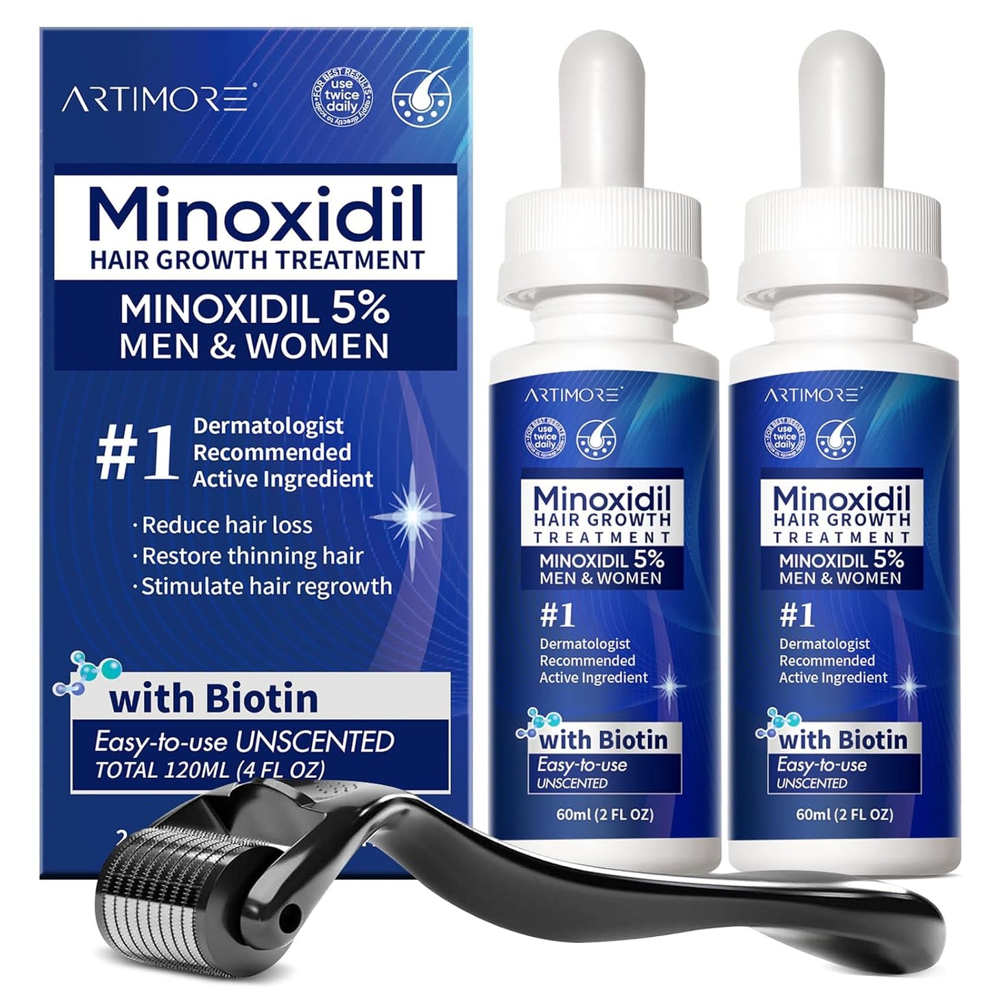 Minoxidil Hair Growth Serum for Women & Men - Advanced 5% Formula for Thicker, Fuller Hair | 4 FL OZ, 2 Dropper Bottles