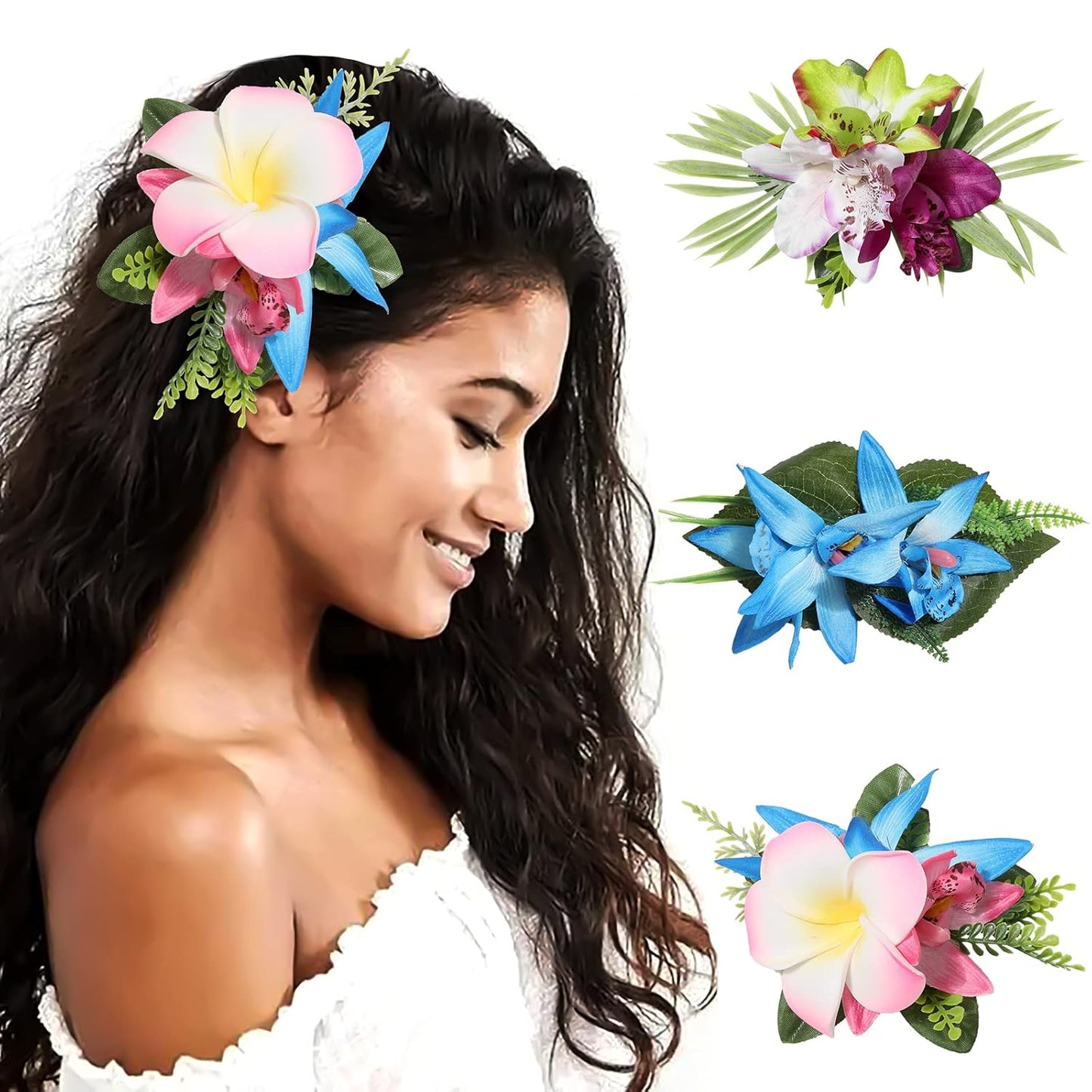 Hawaiian Flower Hair Clips - 3-Piece Set of Tropical Hair Pins | Artificial Floral Accessories in Blue, Pink, Purple