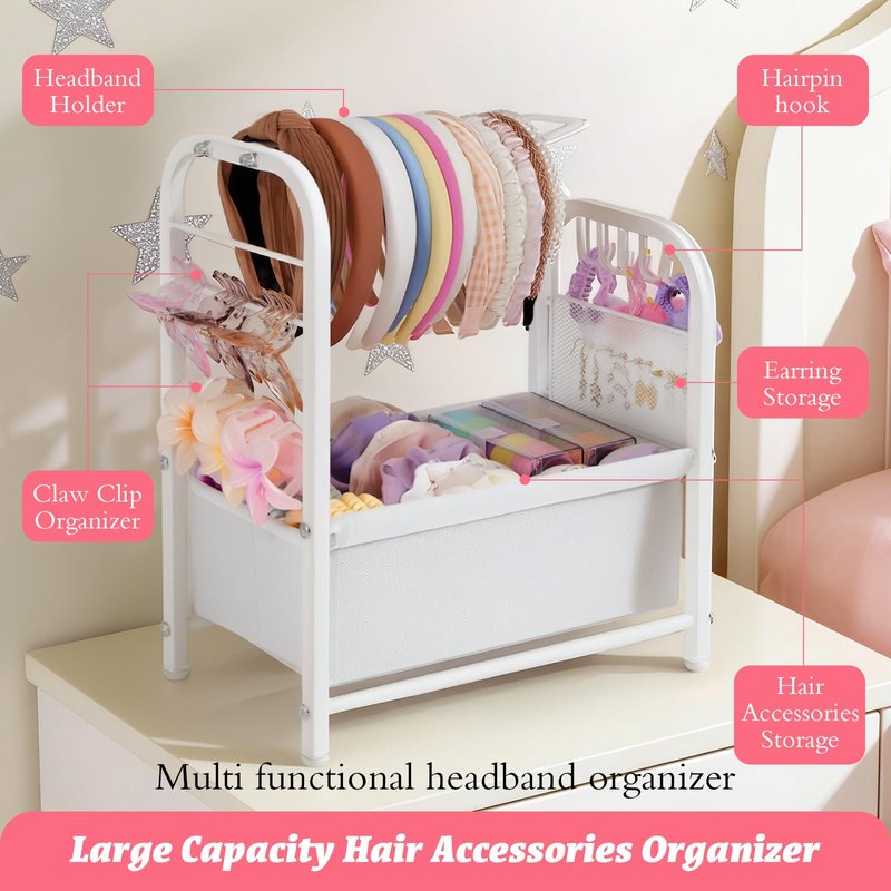 PVRUILER Headband Holder Stand, Metal Hair Accessories Organizer with Divided Storage Box, for Headbands, Hair Ties, Clips & Earrings
