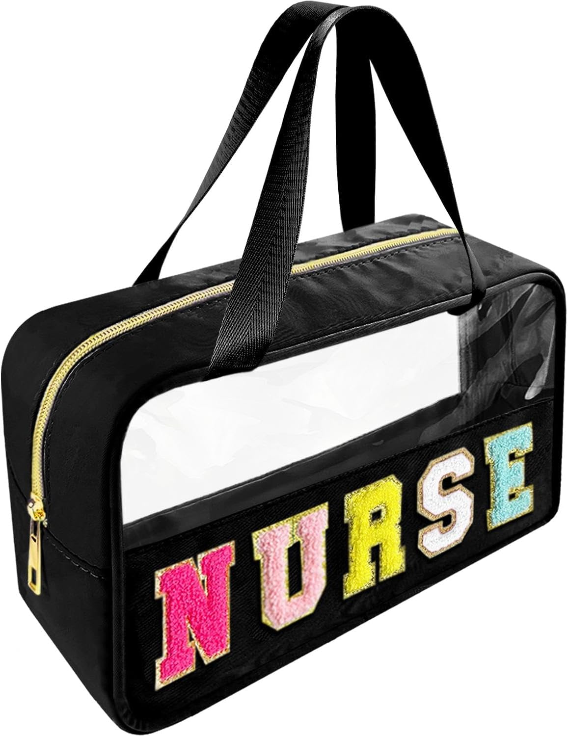 Chenille Letter Clear Makeup Bag - Waterproof Travel Toiletry Bag with Handle | Preppy Dance Patch Design (Black)