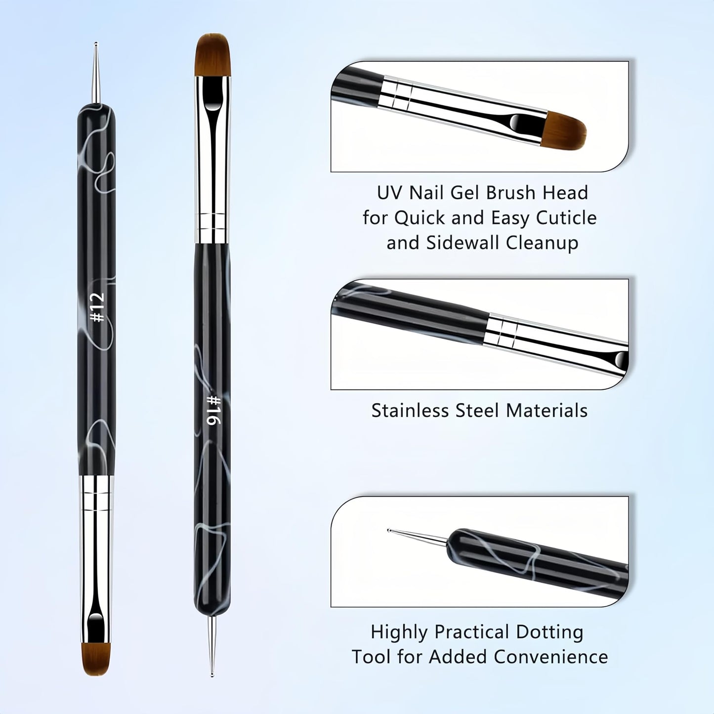 3 Pcs French Nail Brush Set, 2 Way Dotting Tool and French Tip Brush, Gel Acrylic Nails Art Design Pen, Nail Clean Up Brushes for Professional Manicure Tools, Size 12#, 14#, 16# - Marble Black