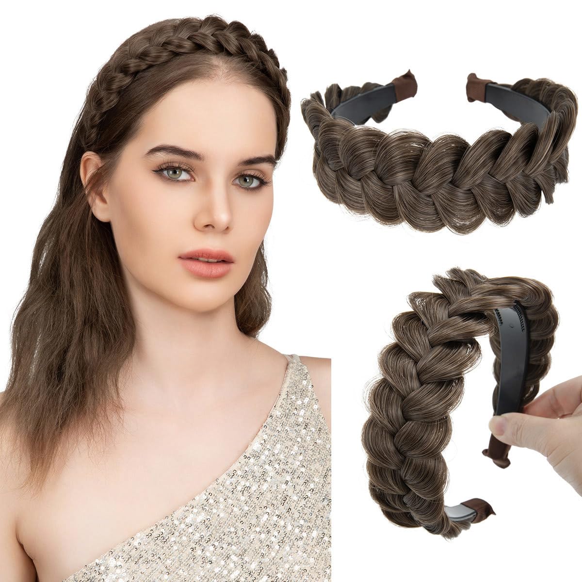 Braided Headbands for Women - Handmade Synthetic Hair Hoops with Teeth | Sand Color, 1PC