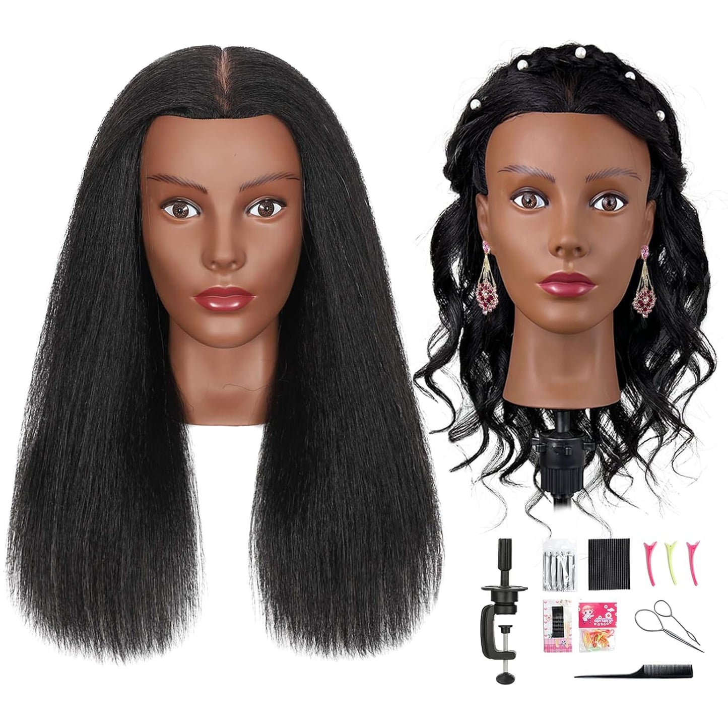 Human Hair Mannequin Head - 80% Real Hair Cosmetology Doll for Hairdresser Practice | Amber Brown with Tripod Stand & Clamp