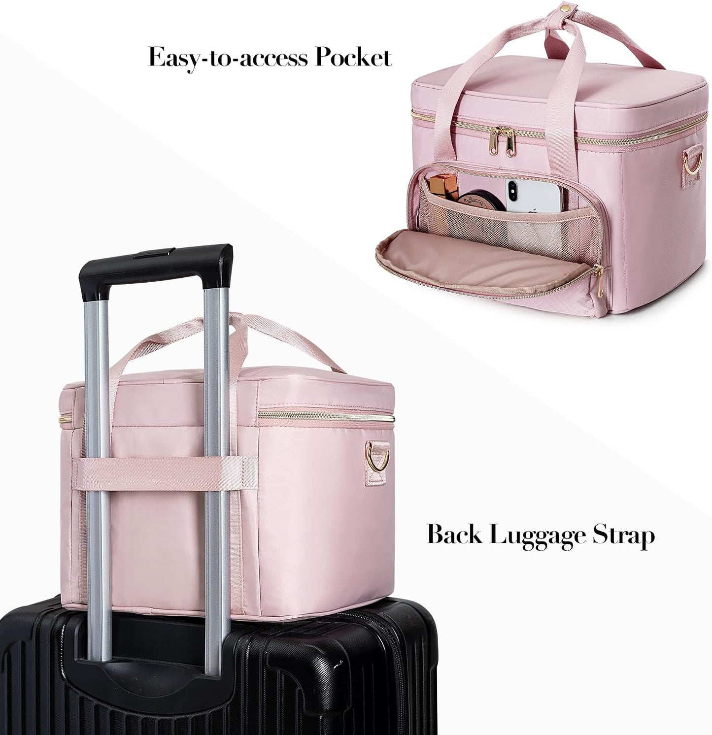Travel Makeup Bag - Large Cosmetic Organizer with 2 Pouches & Adjustable Dividers | Pink