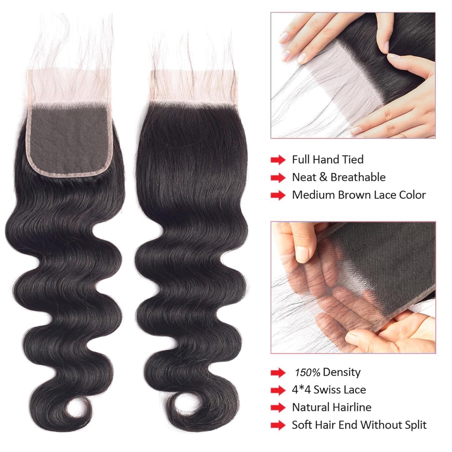 ALLRUN Body Wave Bundles with Closure Human Hair 12 14 16Inch+10Closure Body Weaves 3 Bundles and Closure Free Part 100% Unprocessed Virgin Brazilian Hair Natural Black Color