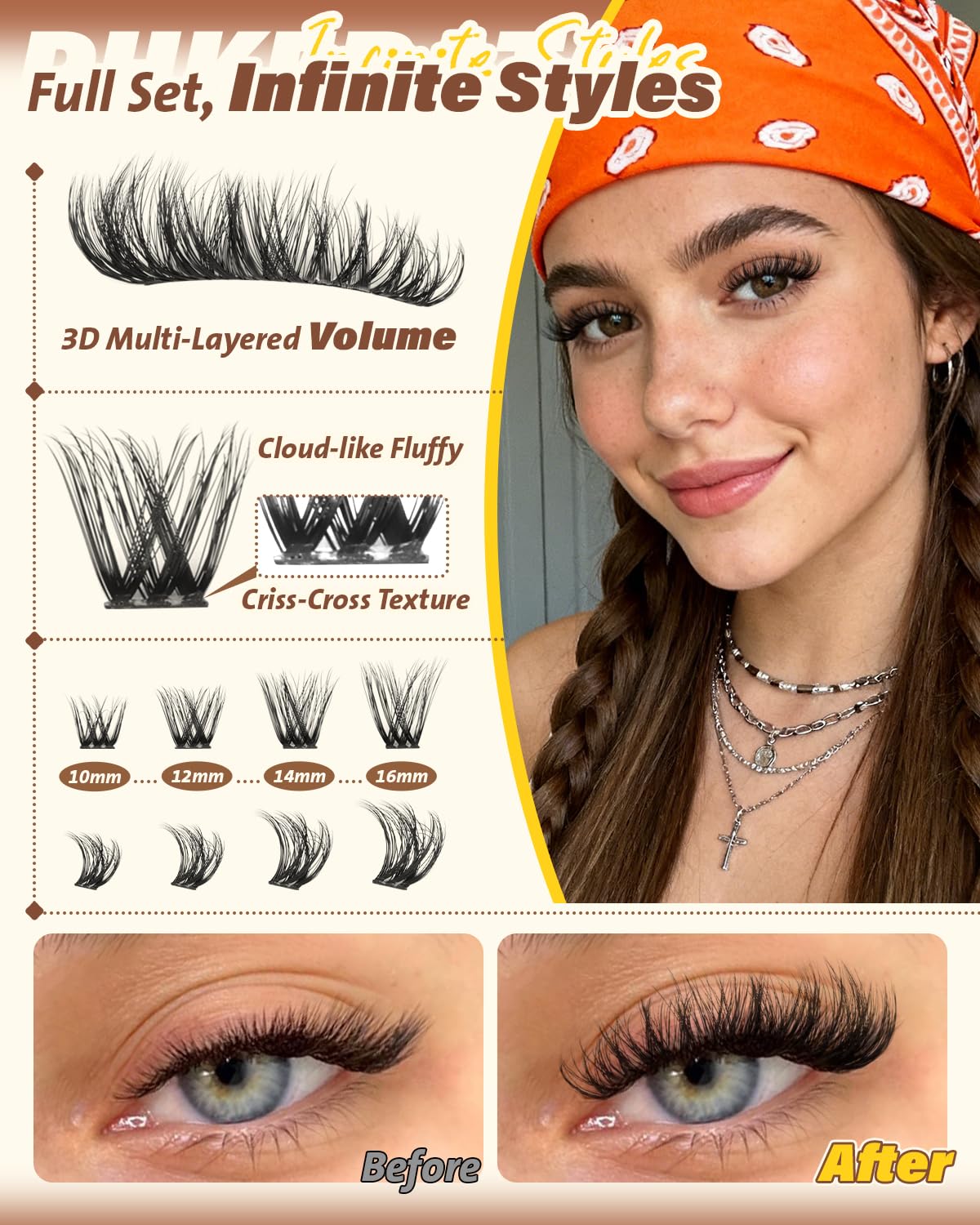 PHKERATA Fluffy Lash Clusters Wispy Eyelash Clusters, D Curl Cluster Eyelash Extensions, Light Volume Individual Lashes Cluster with Soft Thin Band, 10-16mm, 144Pcs