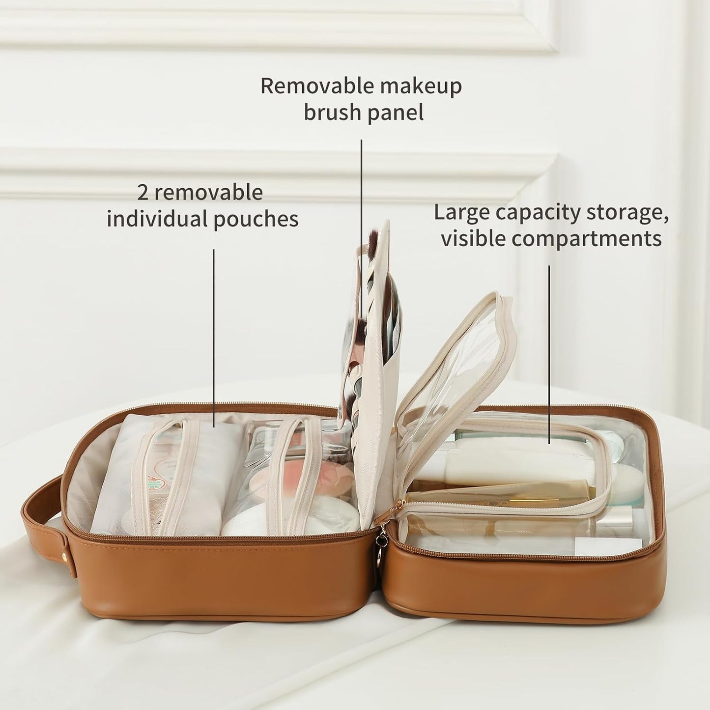 Travel Toiletry Bag for Women - Waterproof Makeup Organizer with Compartments | Portable Cosmetic Case in Brown