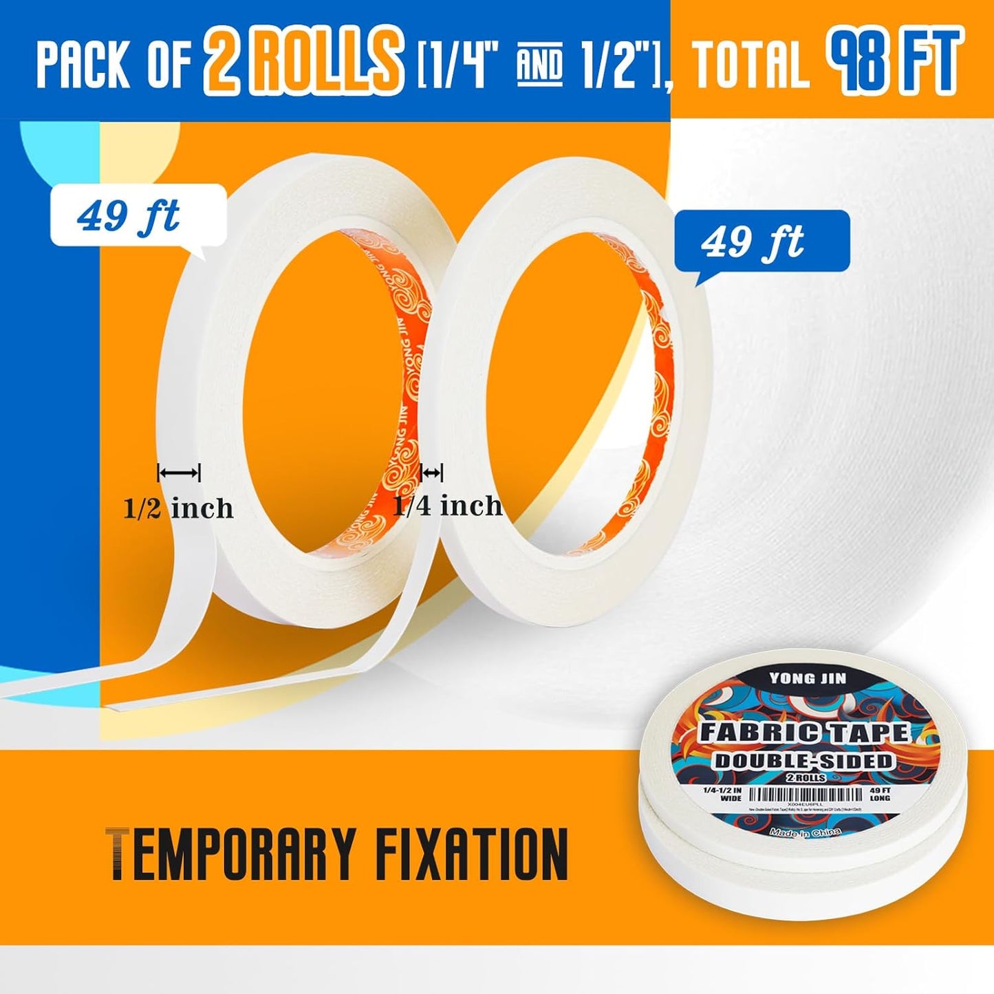 Double-Sided Fabric Tape - No Sewing or Ironing Needed | Quick Clothing Repairs, Adhesive Cloth Tape (2 Rolls, 1/4" & 1/2")