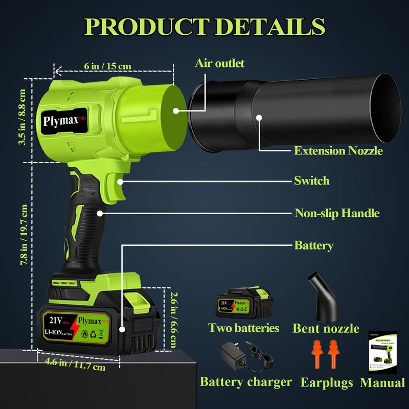 Plymax Cordless Leaf Blower, 800,000 RPM Electric Leaf Blower, Handheld Leaf Blower Cordless with 2×4.0Ah Batteries & Charger,Air Blower with 2-Speed Nozzles for Patio,Lawn Care,Dust,Snow & Car Drying
