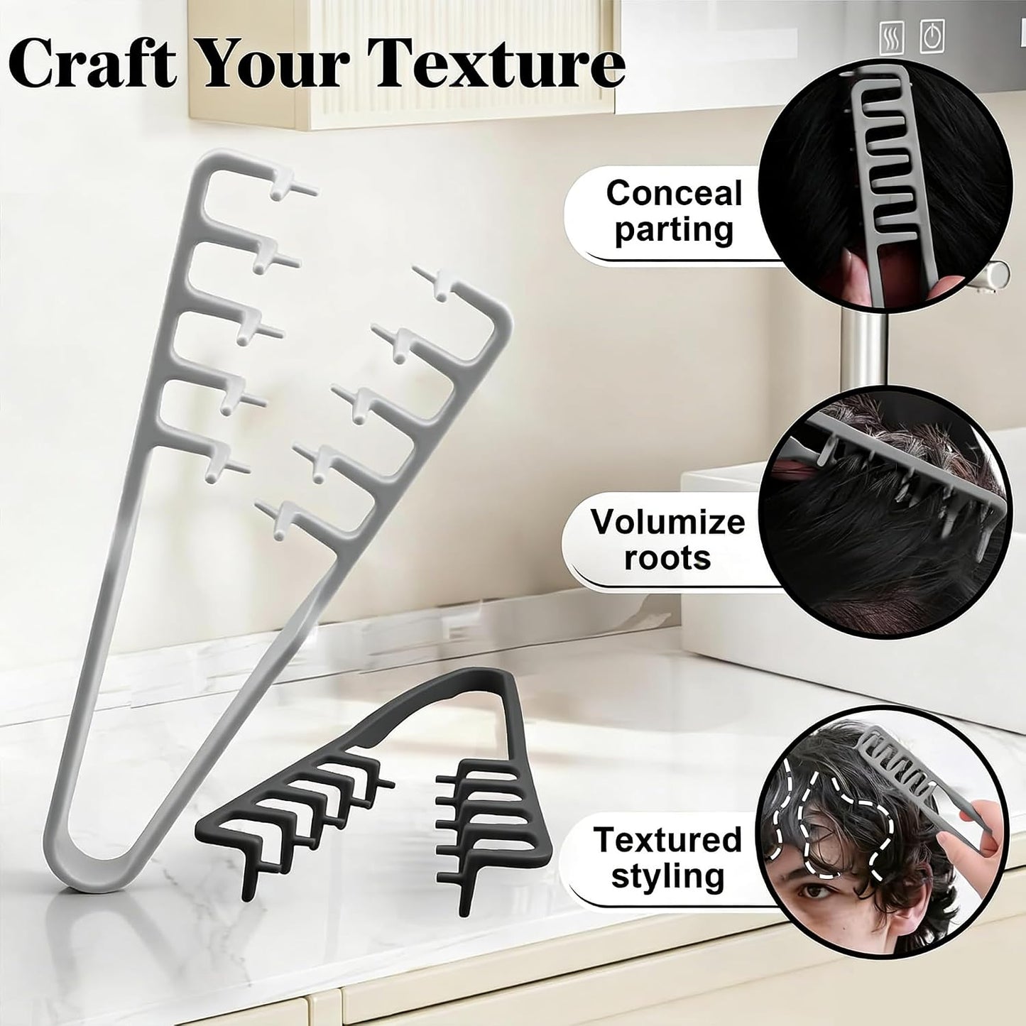 Voluminous Wide-Toothed Hair Comb Set - 2 Pcs Dual-Purpose Tool | Textured Grip, ABS Plastic, Black & Grey