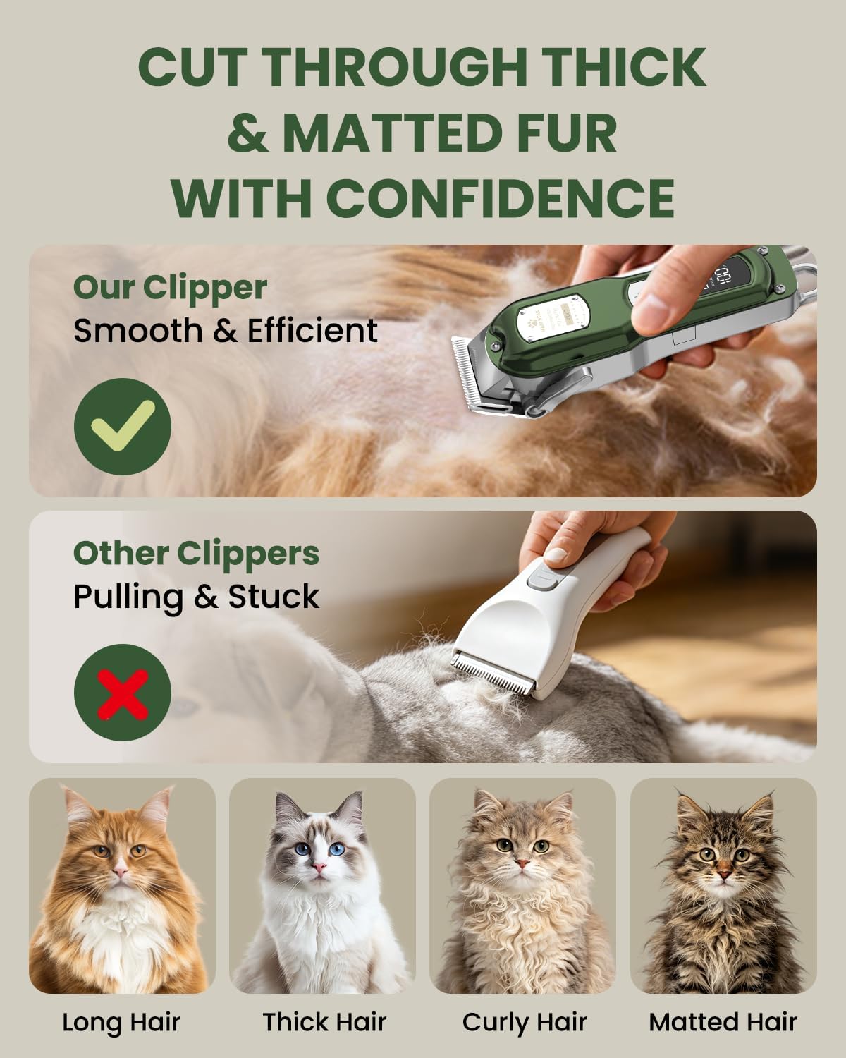 Cat Clippers for Matted Hair - 3-Speed Quiet Cordless Shaver | All-Metal Body Grooming Kit for Long Haired Cats & Dogs