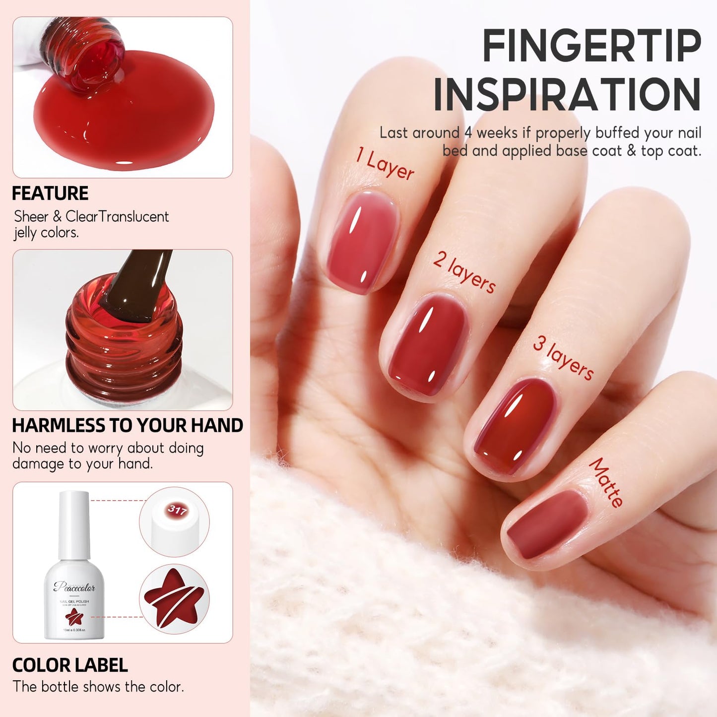 PEACECOLOR Jelly Gel Polish Set 6 Colors Red Brown Gel Nail Polish Summer Colors Nail Starter Kit Soak Off Gifts for Women Home Salon Design