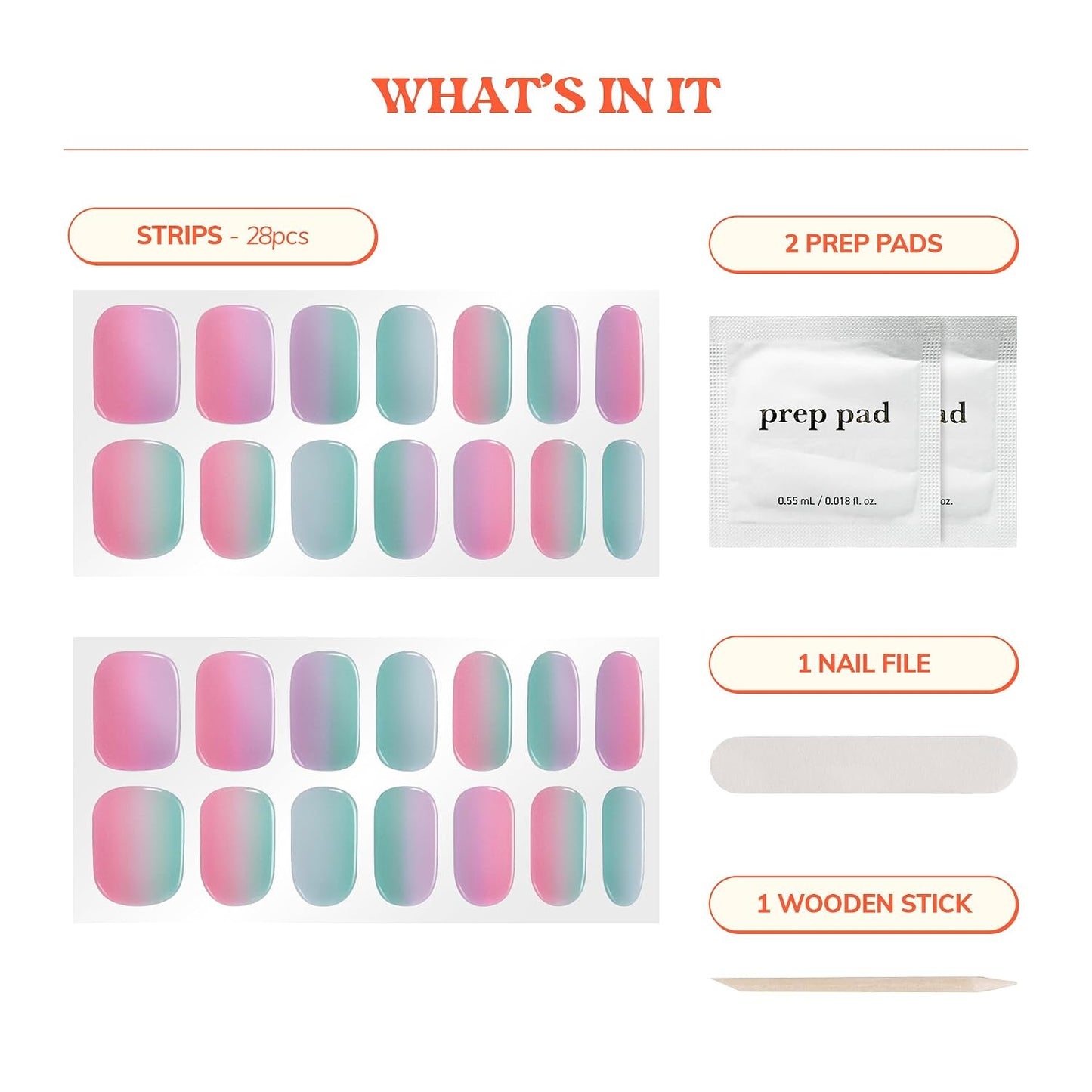 Semi Cured Gel Nail Strips - Easy Apply & Remove, Salon Quality | Pink Rainbow Design | 28 Strips, 2 Prep Pads, Nail File & Stick