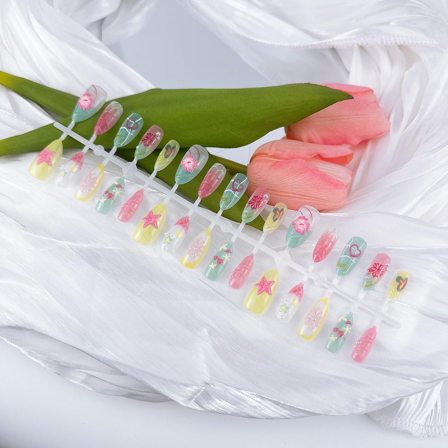 30Pcs Summer Press On Nails - Medium Almond Shape with 3D Starfish Designs | Includes Nail File & Jelly Stickers