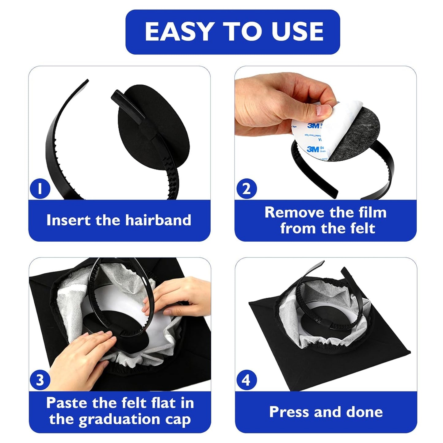 Graduation Cap Headband - Secure Anti-Fall Holder for Grad Caps | Black, 1 Pack