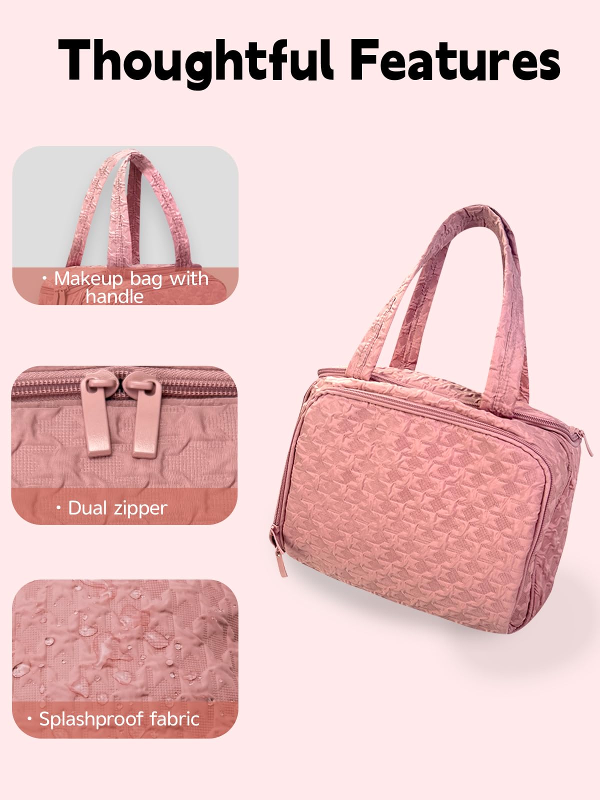 SMONT Hanging Toiletry Bag for Women, Large Waterproof Makeup Organizer with Hook, Travel Cosmetic Bag with Multiple Compartments for Gym, Swim, School, College Dorm Pink