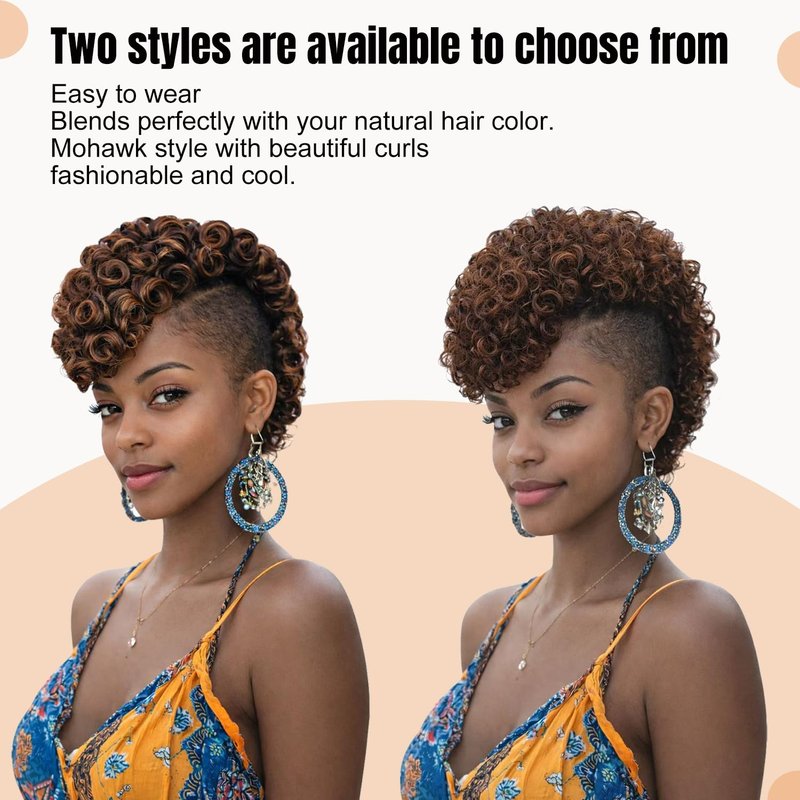 Curly Mohawk Wig Ponytail Extension - Short Brown & Black Kinky Synthetic Hair | 1B/30 with Clips & Combs