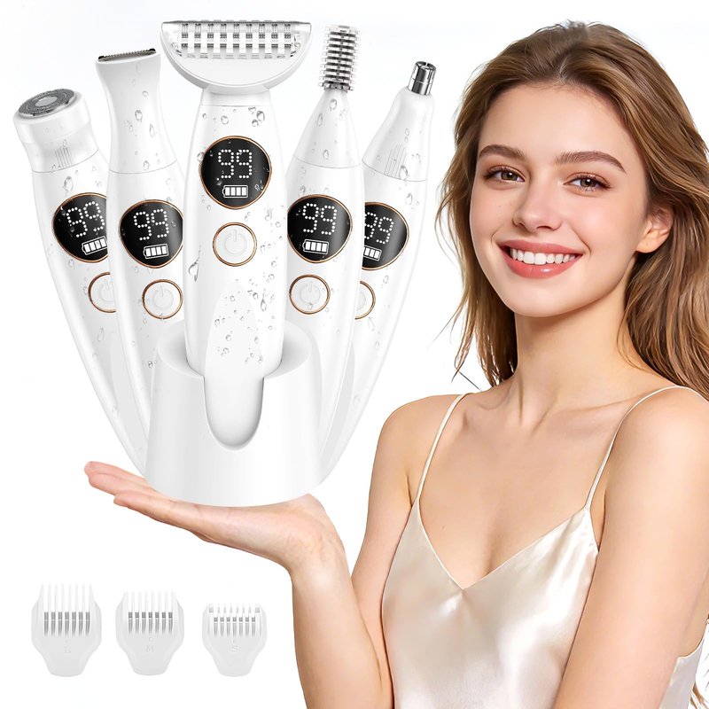 5-in-1 Bikini Trimmer for Women, Lady Electric Razor Shaver Replaceable- Waterproof Facial & Pubic Hair Trimmer with USB Charge Dock, Travel Cordless Body Shaver for Face/Legs/Underarm