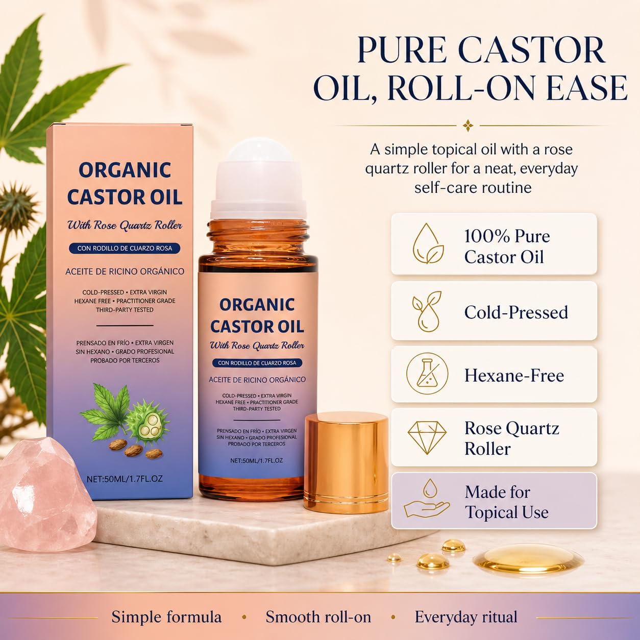 KOJIVA Organic Castor Oil Rose Quartz Roller Ball，100% Pure Cold-Pressed, Moisturizing & Nourishing Castor Oil for Skin, Hair, Eyebrows, and Lashes, Roll-On Applicator (1Pcs)
