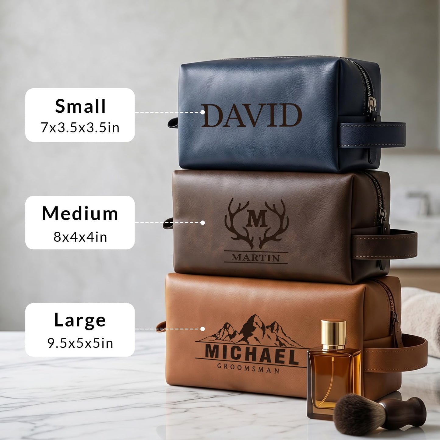 Aeekdook Personalized Toiletry Bag for Men, Engraved Name/Initial/Logo Waterproof Leather Travel Dopp Kit, Groomsmen Gifts Father's Day Birthday Gift for Men Husband Dad Boyfriend, Bulk Toiletry Bags