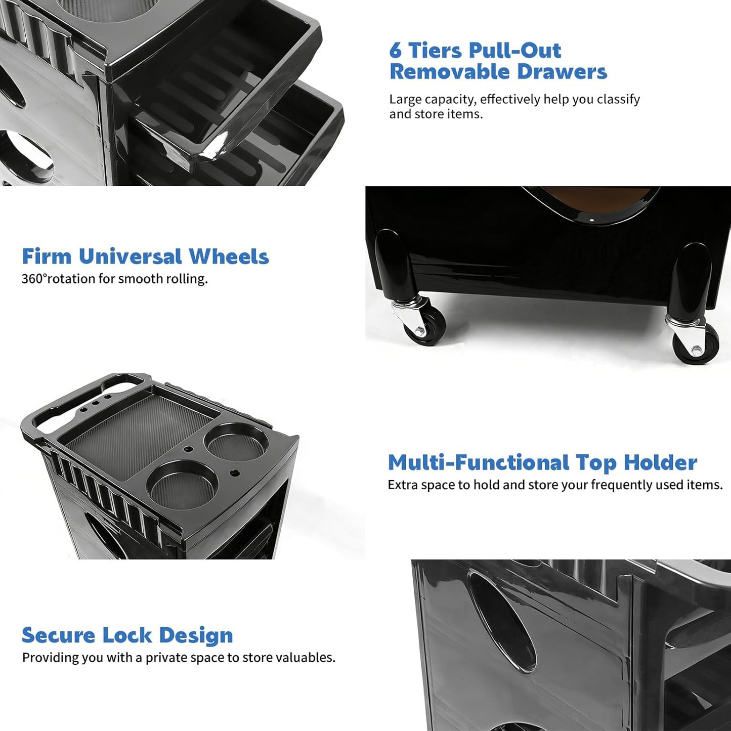 Salon Beauty Rolling Trolley Cart - Black Hair Storage Cabinet with Multi Drawers & 4 Wheels | Hollow-Carved Design
