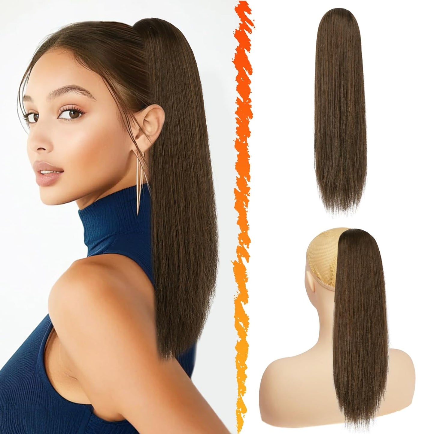 Long Straight Ponytail Extension - 26 Inch Brown Synthetic Clip-In Hairpiece for Women | Light Brown Mixed
