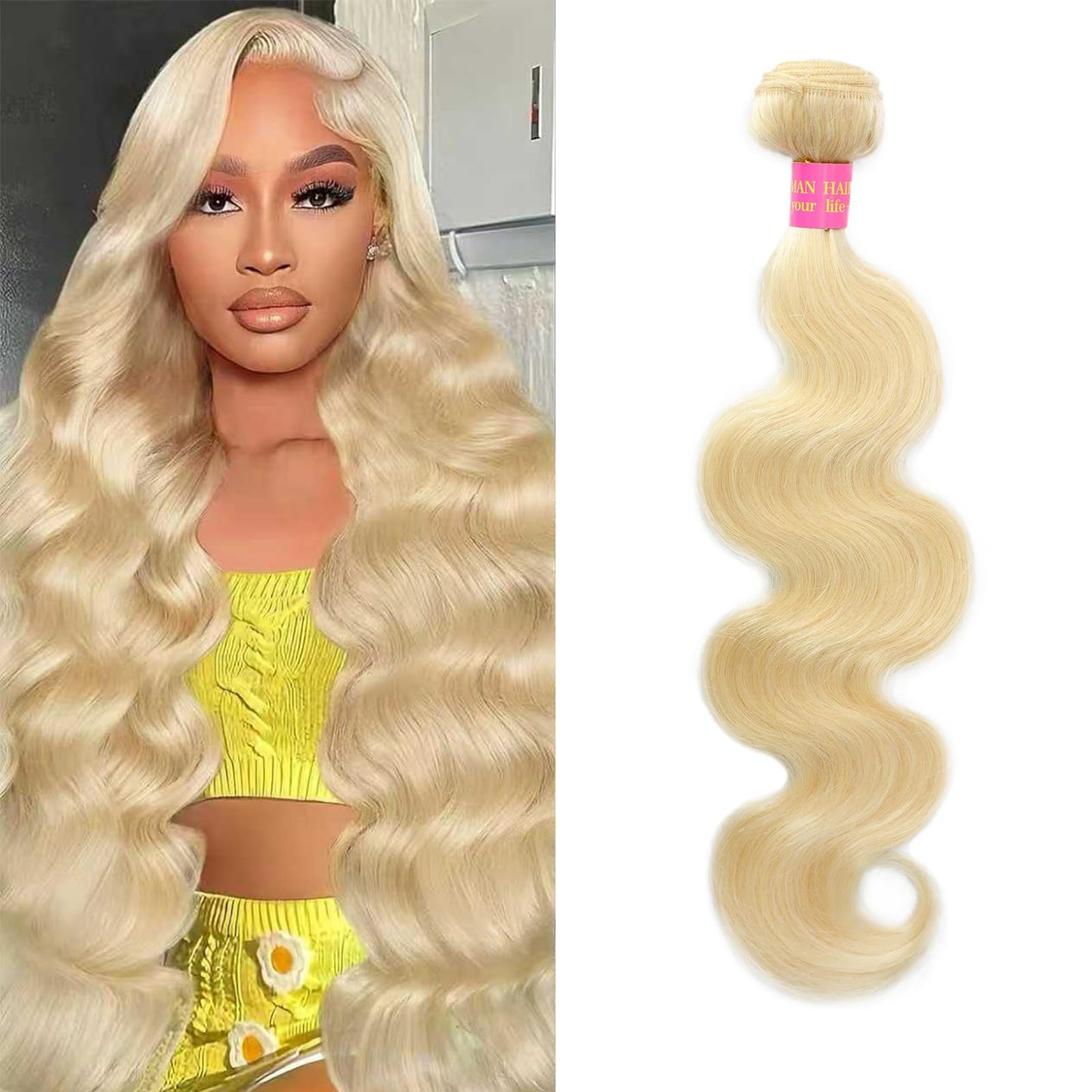 20Inch Blonde Bundles Human Hair 613 Body Wave Bundles Human Hair Extensions,100% Real 14A Brazilian Virgin Raw Easy to Dye No Synthetic Blend No Tangle No Shedding 3X-Lifespan
