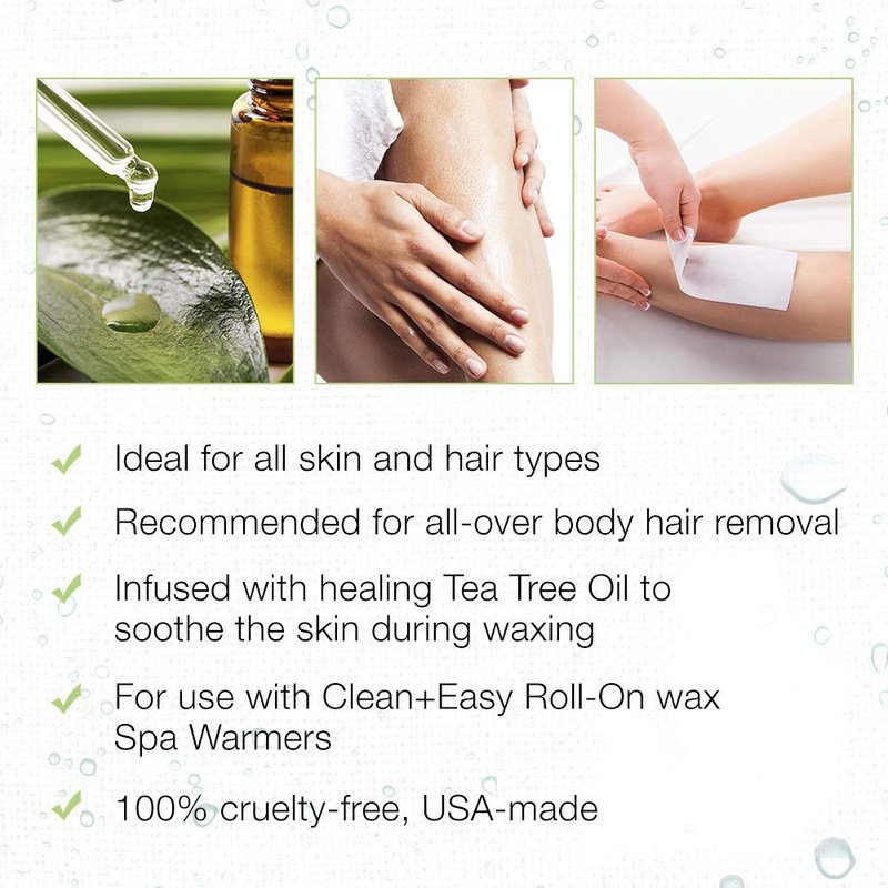 Clean + Easy Tea Tree Roll On Wax – Large, Soft Wax Refill Cartridge for Hair Removal on Sensitive Skin, Legs & Body, 3 Pack