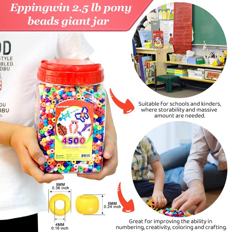 2.5 lb Wholesale Large Pony Beads (6x9 mm) Bucket, Easy Storage Beads Bulk, Over 4500 Pony Bead for Jewelry Making, Crafts