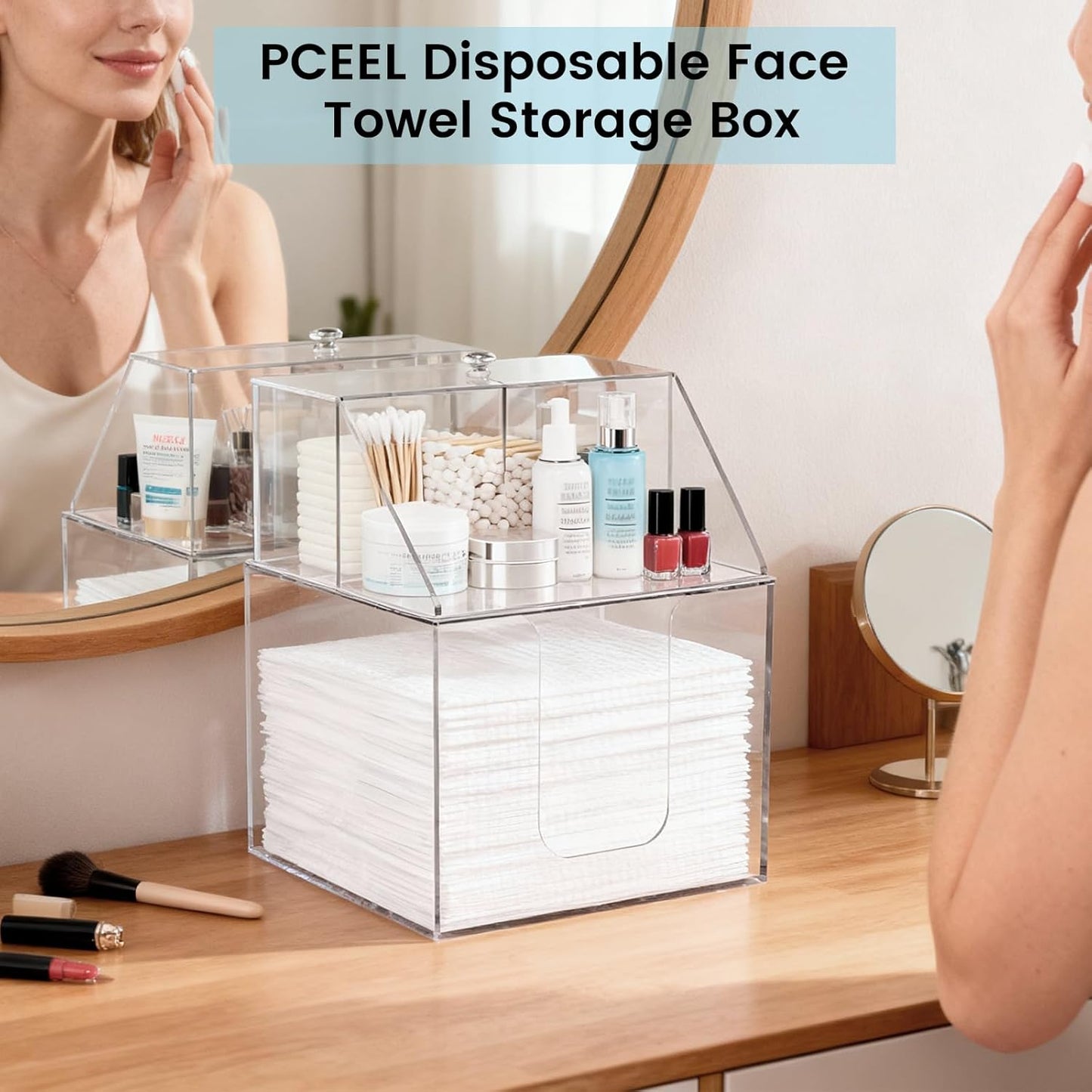 Face Towel Storage Box - 3-in-1 Detachable Holder for Cleaning Accessories | Clear Acrylic, Holds 50 Towels