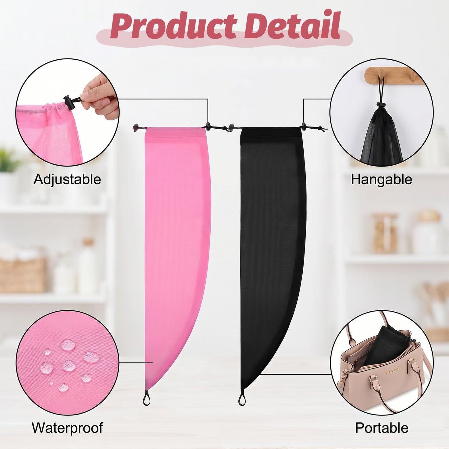Gjinxi 2 PCS Waterproof Hair Sleeve for Long Hair, Crown Washing Shower Ponytail Adjustable Reusable Quick Root Refresh Cap Protect Styled Bathing Hat for Women Shower Gym Travel Pool Beach