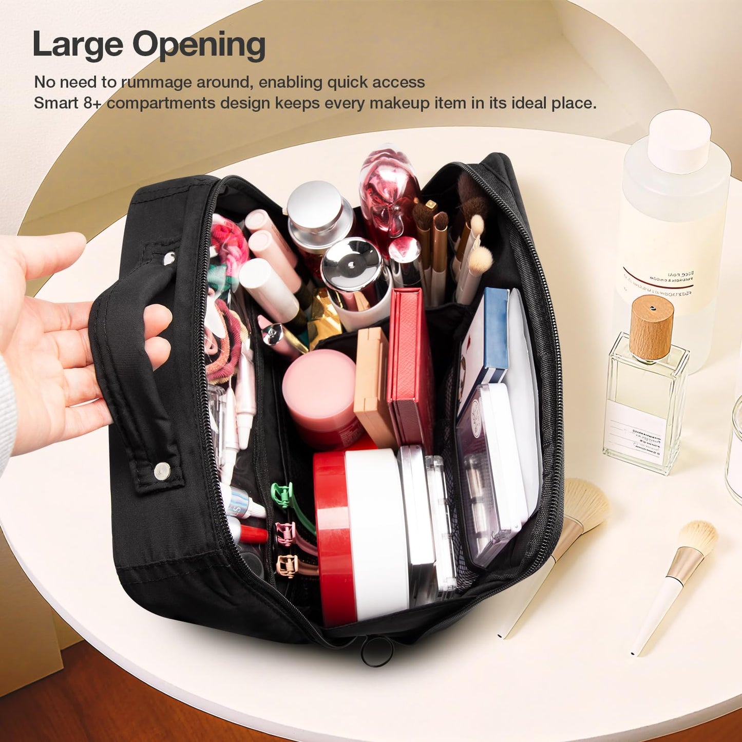 Abiudeng Standing Travel Makeup Bag Stand up Make up Bag Travel Toiletry Bag with Multiple Compartments Large Capacity for Women Business Trips Fitness and Daily Commutes (Black)