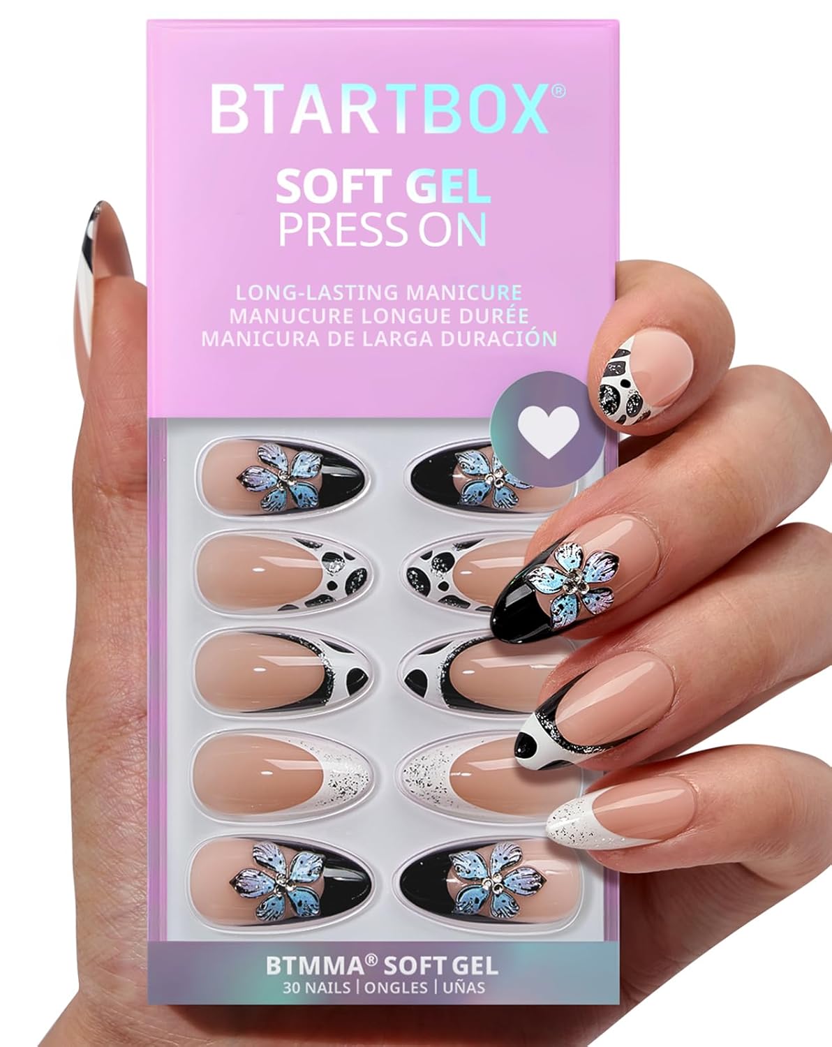 French Tip Press On Nails - Chrome Short Almond Design | Semi-Transparent Soft Gel, 16 Sizes, 32 Piece Kit